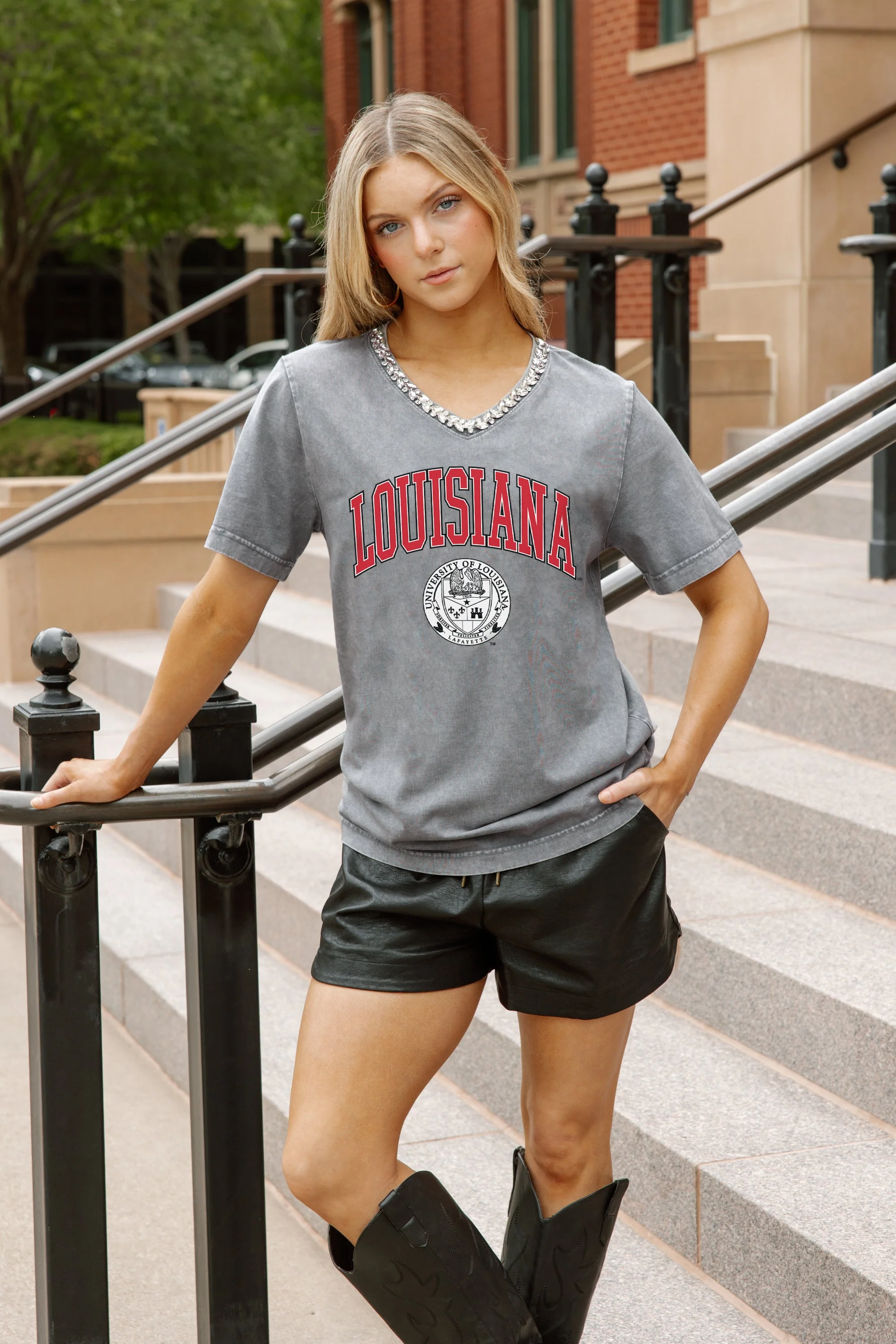 LOUISIANA RAGIN' CAJUNS ICONIC EDGE RHINESTONE TRIM V-NECK TEE - Image 3