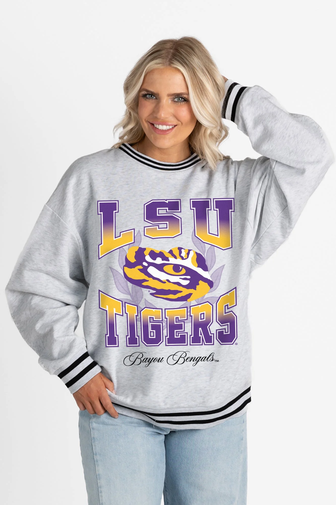 LSU TIGERS FADE ROUTE CREW FLEECE RINGER SWEATSHIRT - Image 5