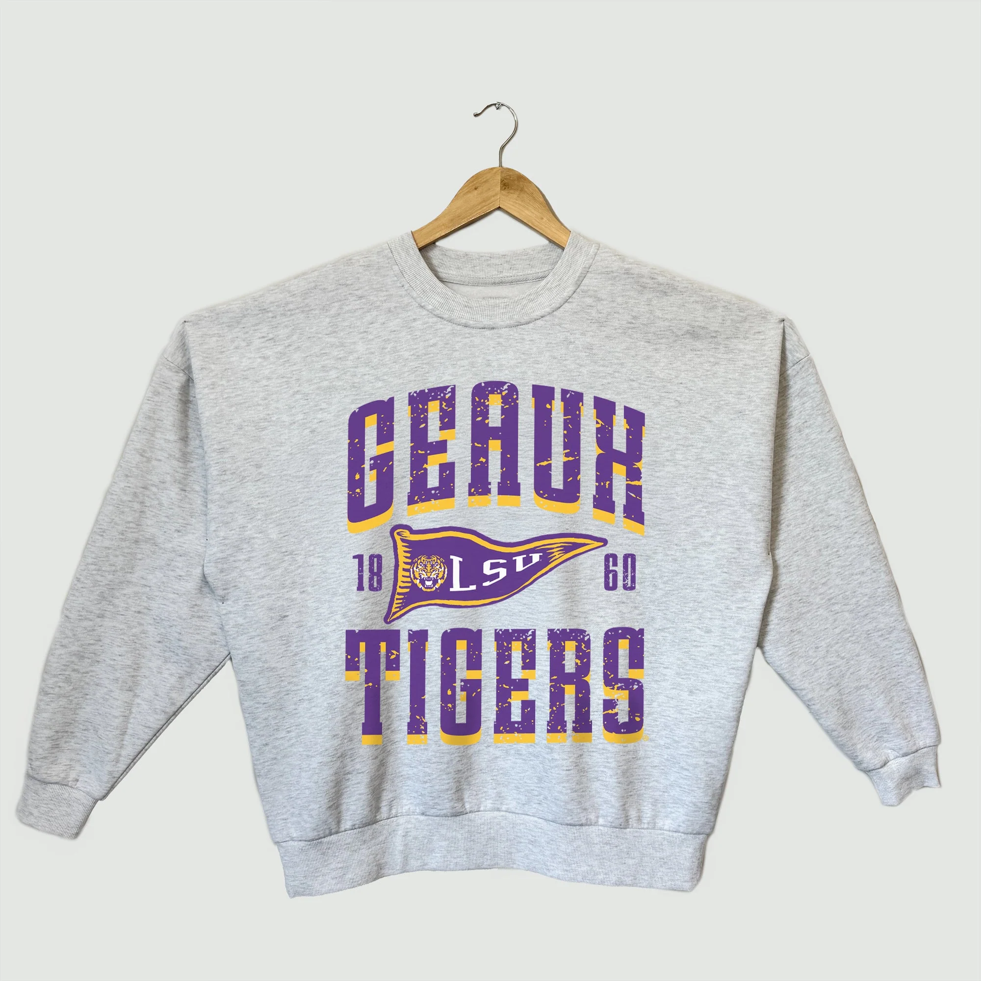 LSU TIGERS PENNANT PRIDE PREMIUM FLEECE DROP SHOULDER CREWNECK PULLOVER