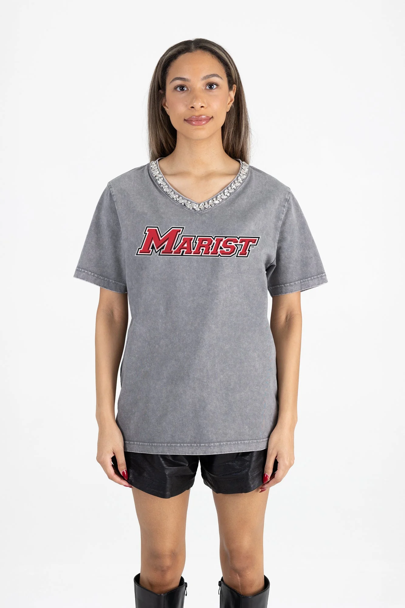 MARIST RED FOXES ICONIC EDGE RHINESTONE TRIM V-NECK TEE - Image 5