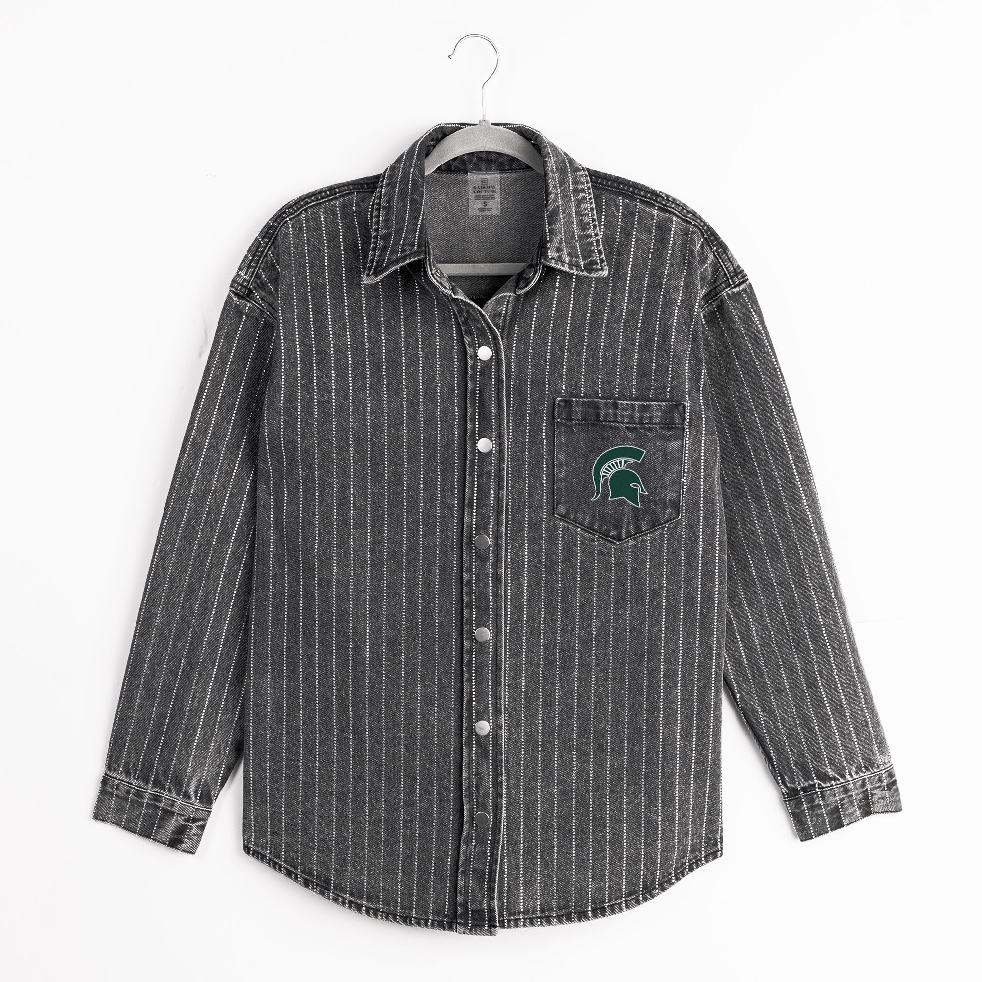 MICHIGAN STATE SPARTANS STYLE'S THE LIMIT MICRO-RHINESTONE DENIM OVERSHIRT IN BLACK - Image 8
