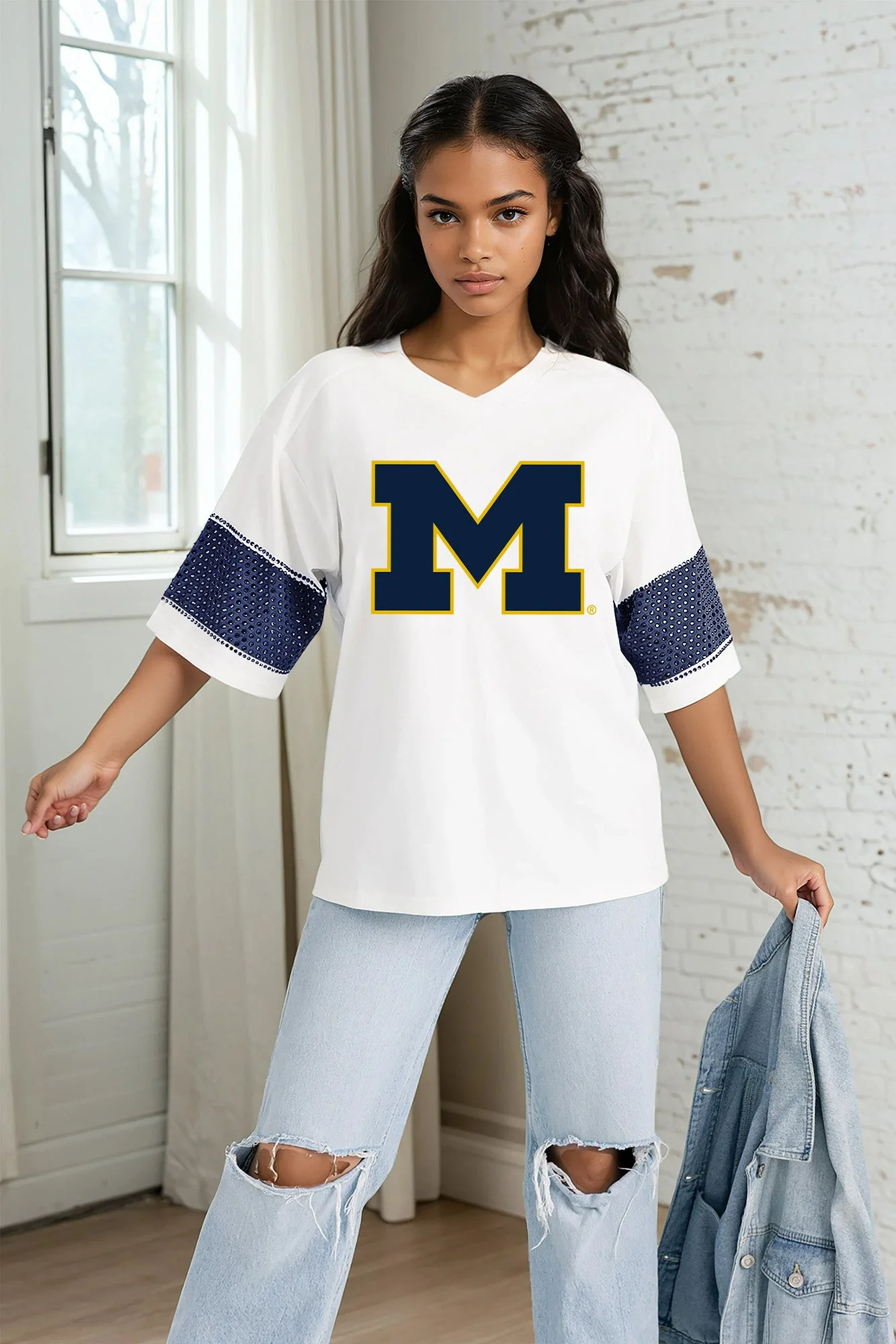 MICHIGAN WOLVERINES DOMINANCE RHINESTONE STRIPE VARSITY TEE - Image 4