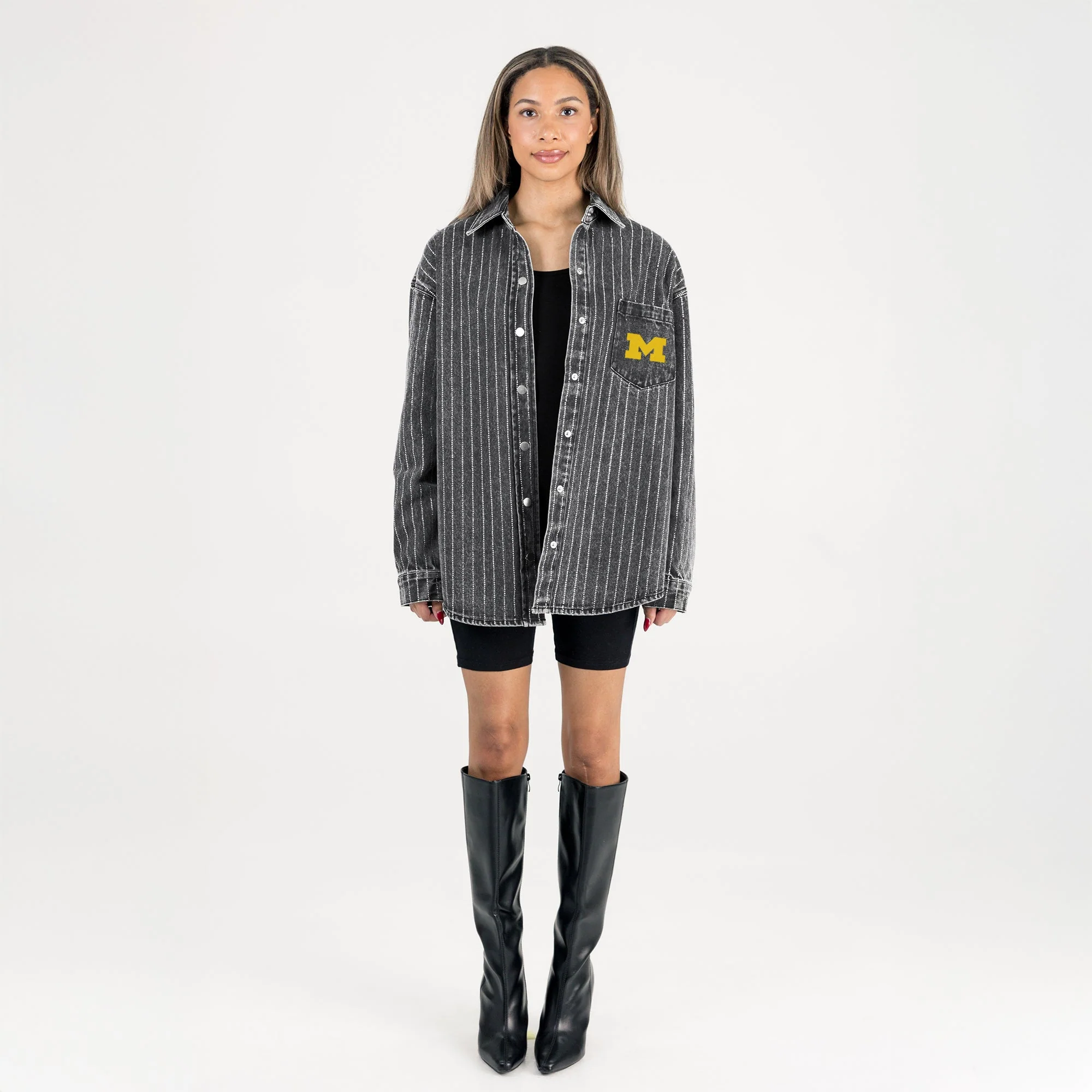 MICHIGAN WOLVERINES STYLE'S THE LIMIT MICRO-RHINESTONE DENIM OVERSHIRT IN BLACK - Image 6