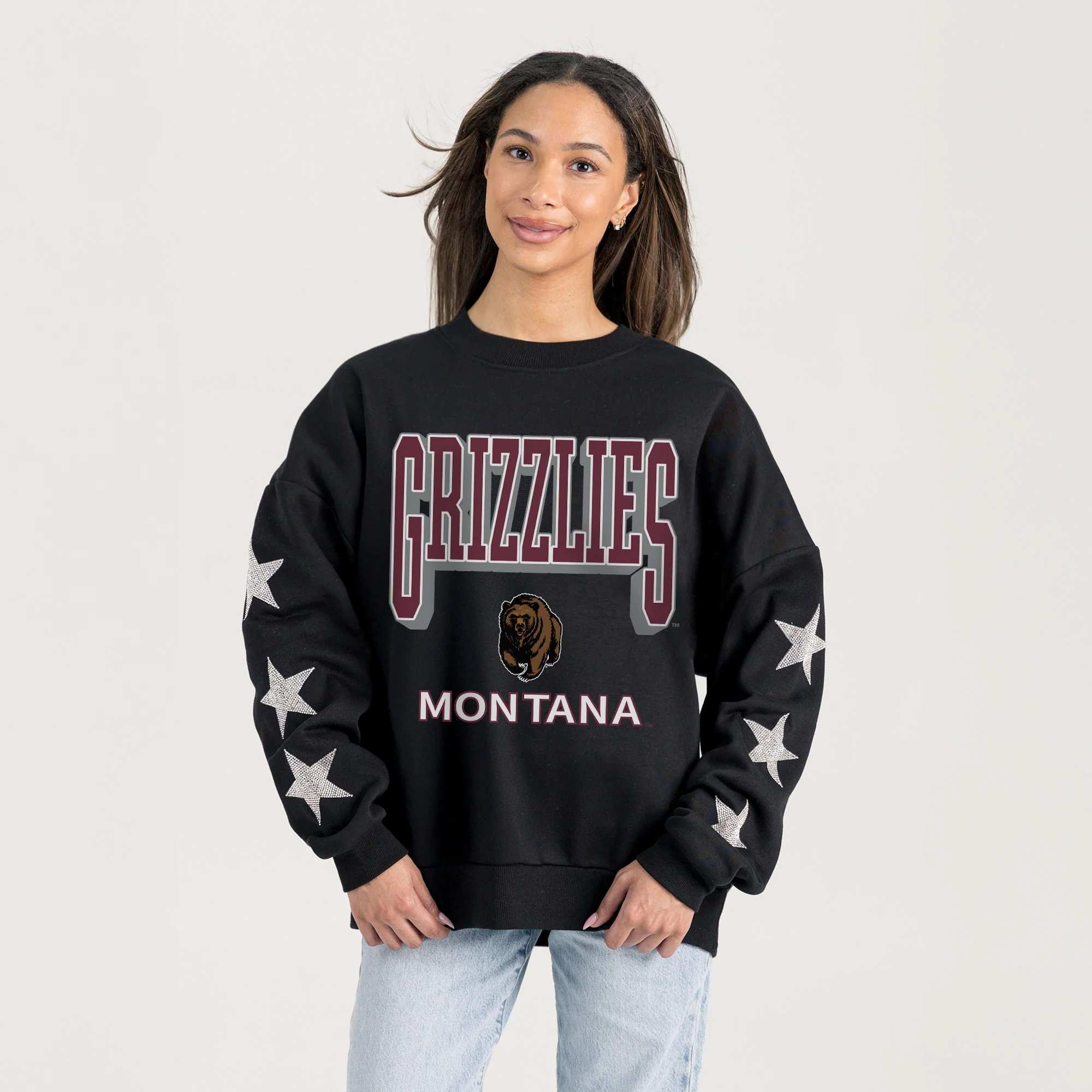 MONTANA GRIZZLIES PURE VICTORY EMBELLISHED STAR SLEEVE CREWNECK PULLOVER - Image 2
