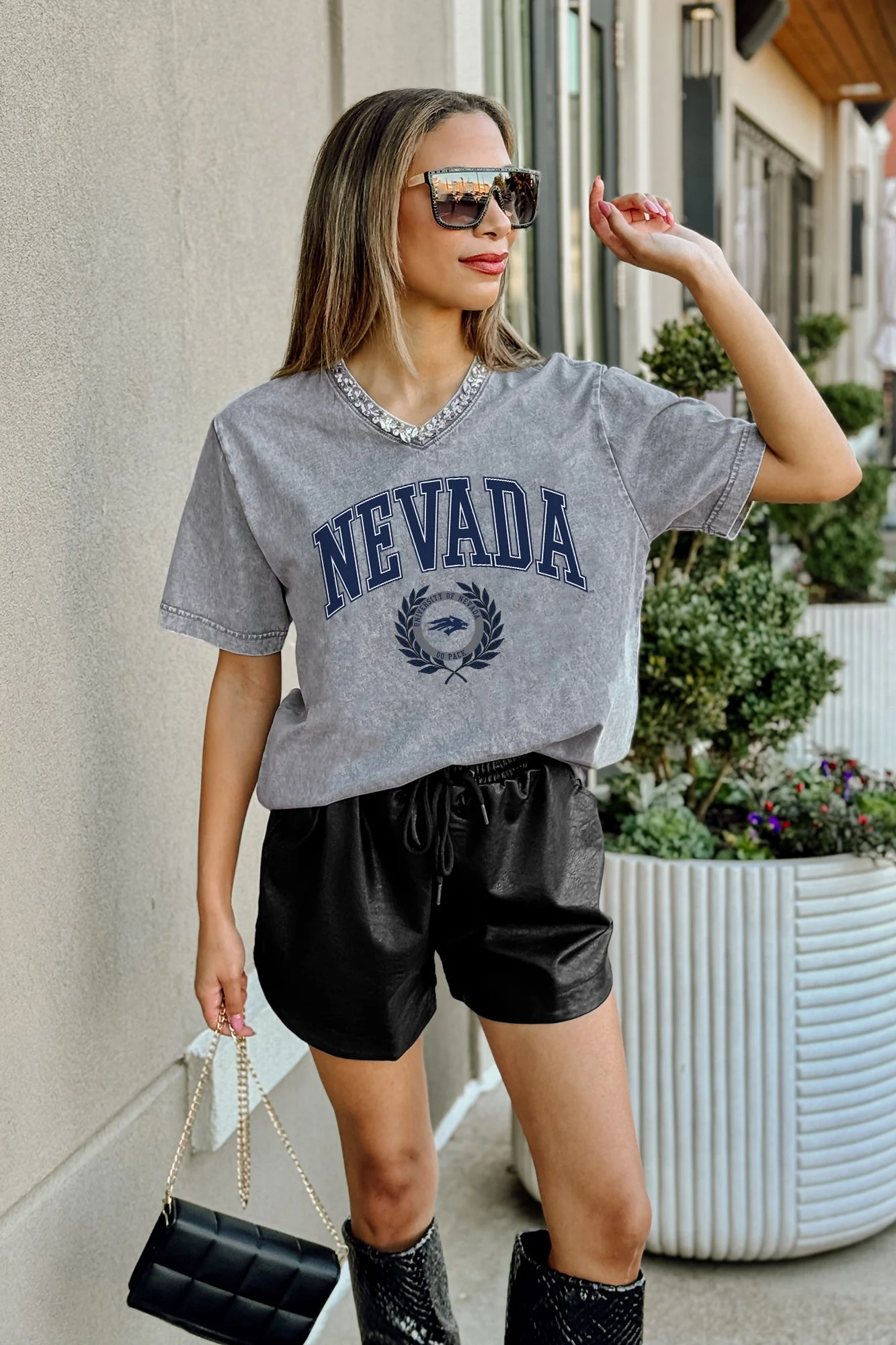 NEVADA WOLF PACK ICONIC EDGE RHINESTONE TRIM V-NECK TEE - Image 2