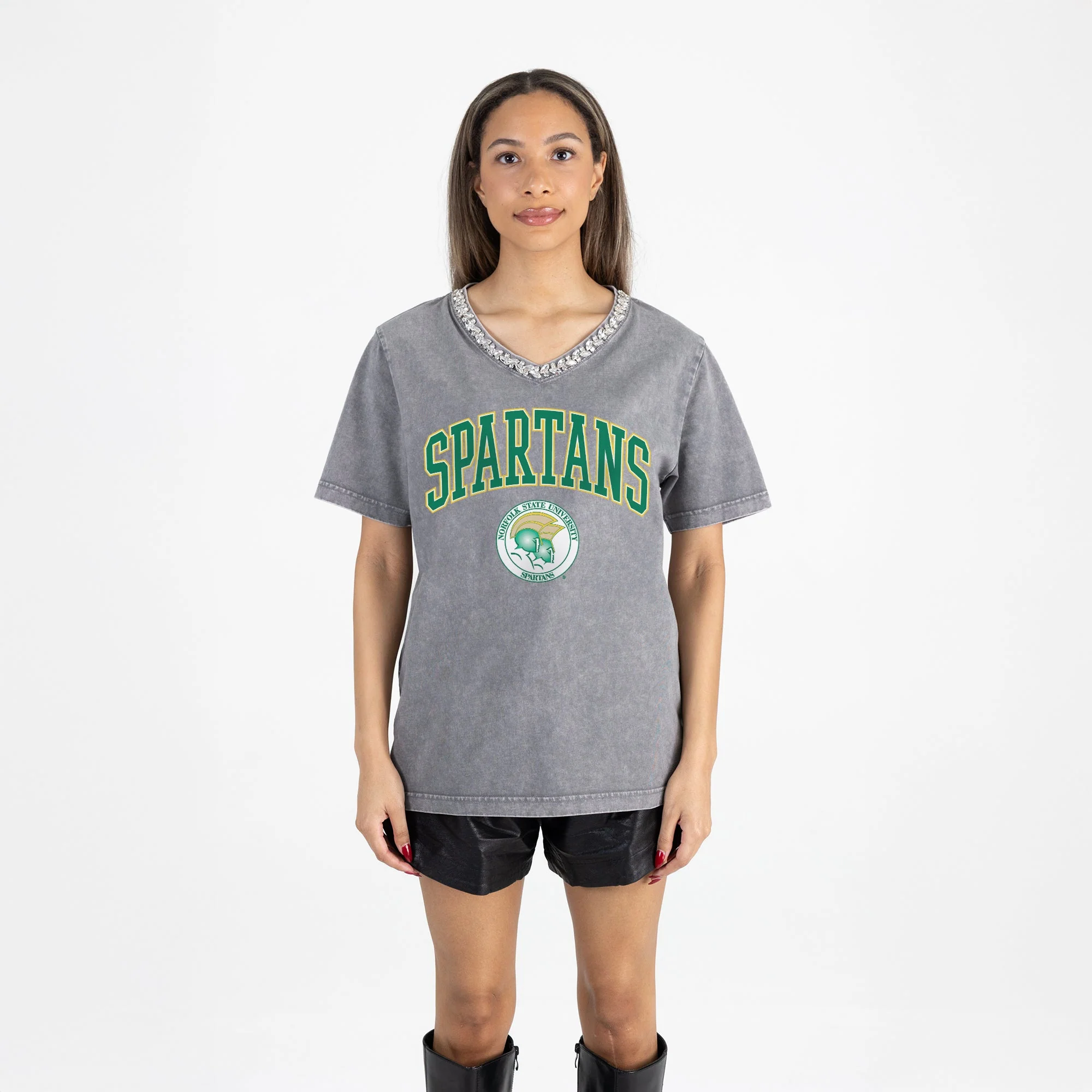 NORFOLK STATE SPARTANS ICONIC EDGE RHINESTONE TRIM V-NECK TEE - Image 5