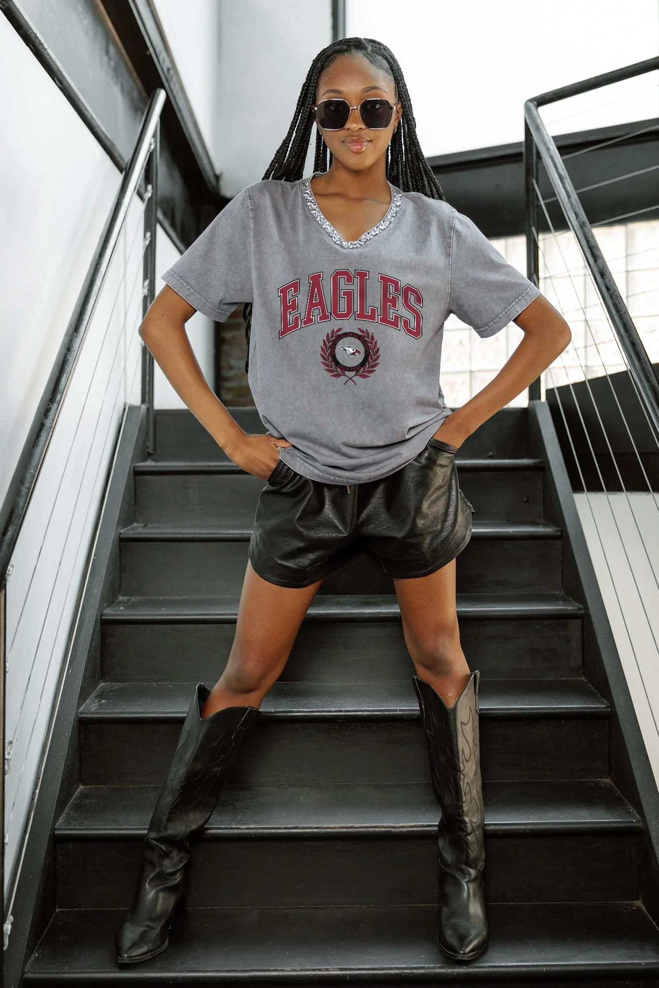 NORTH CAROLINA CENTRAL EAGLES ICONIC EDGE RHINESTONE TRIM V-NECK TEE - Image 2
