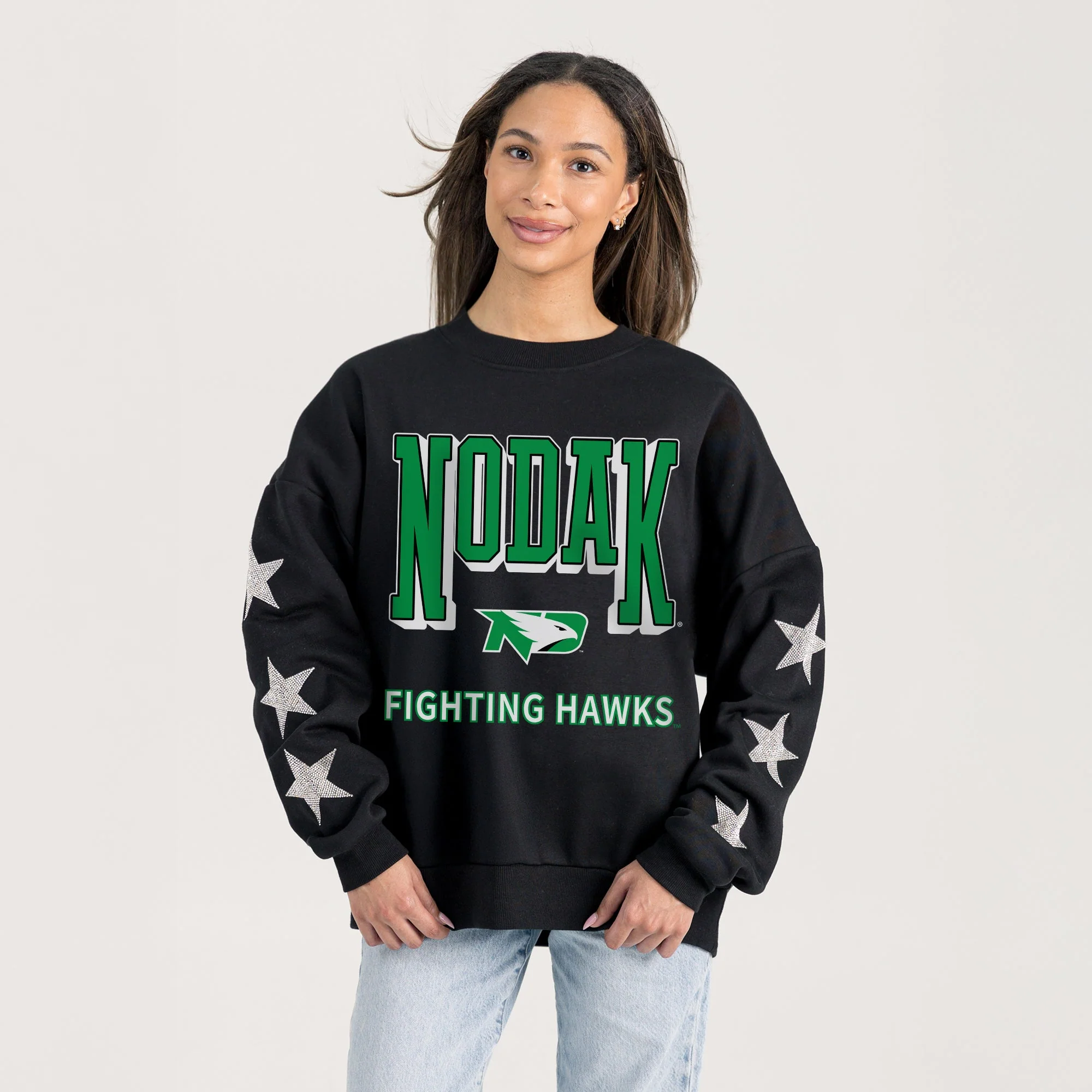 NORTH DAKOTA FIGHTING HAWKS PURE VICTORY EMBELLISHED STAR SLEEVE CREWNECK PULLOVER - Image 2