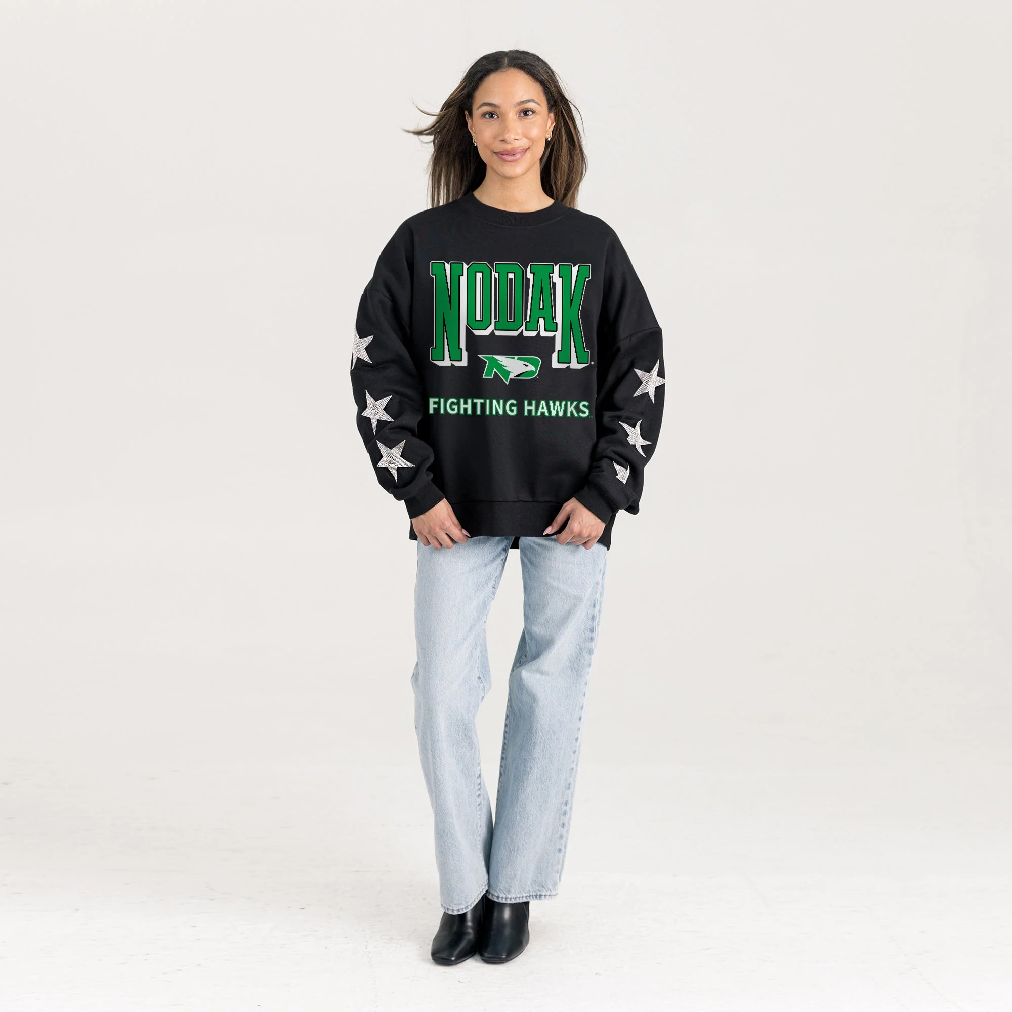 NORTH DAKOTA FIGHTING HAWKS PURE VICTORY EMBELLISHED STAR SLEEVE CREWNECK PULLOVER - Image 4