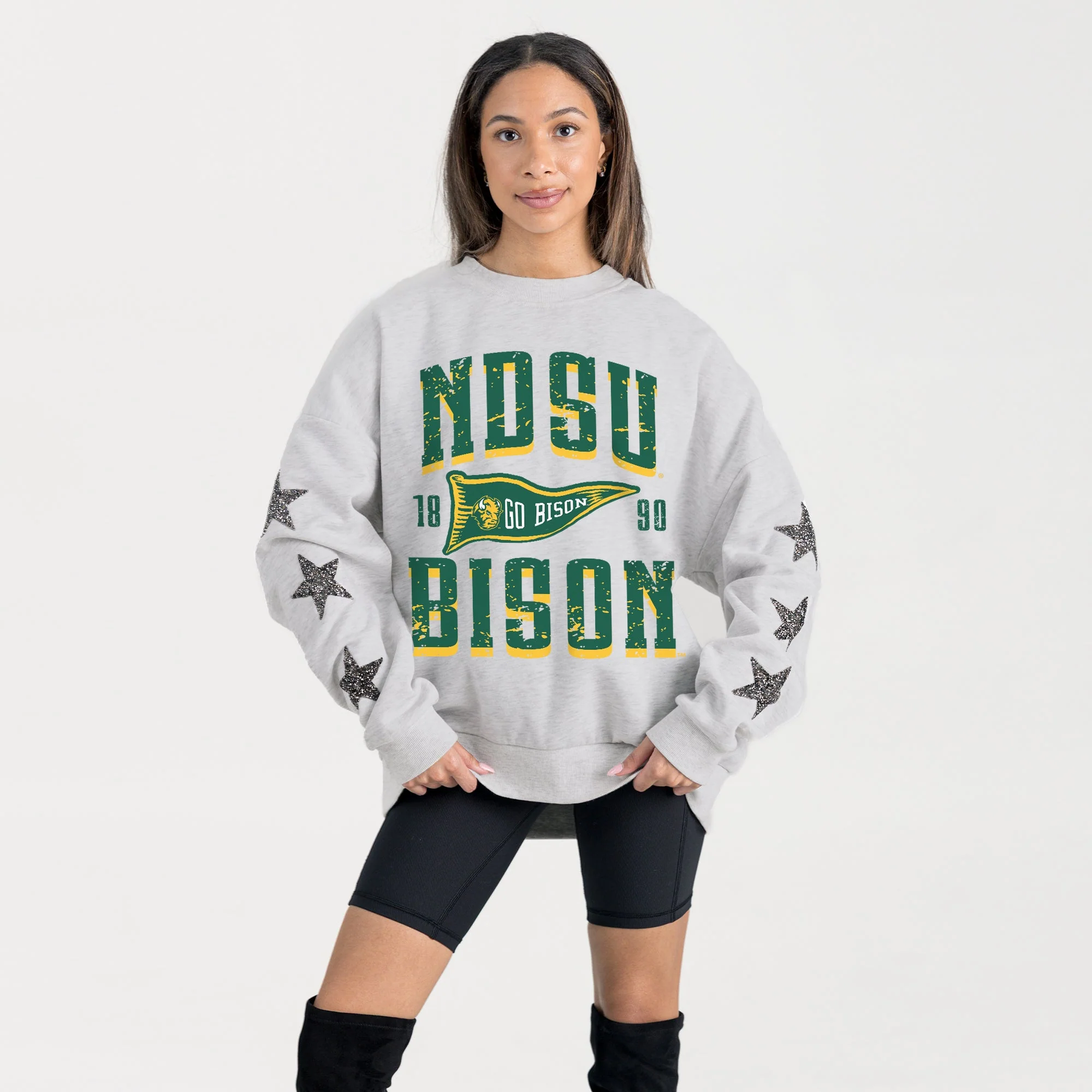 NORTH DAKOTA STATE BISON PENNANT PRIDE EMBELLISHED STAR SLEEVE CREWNECK PULLOVER - Image 3
