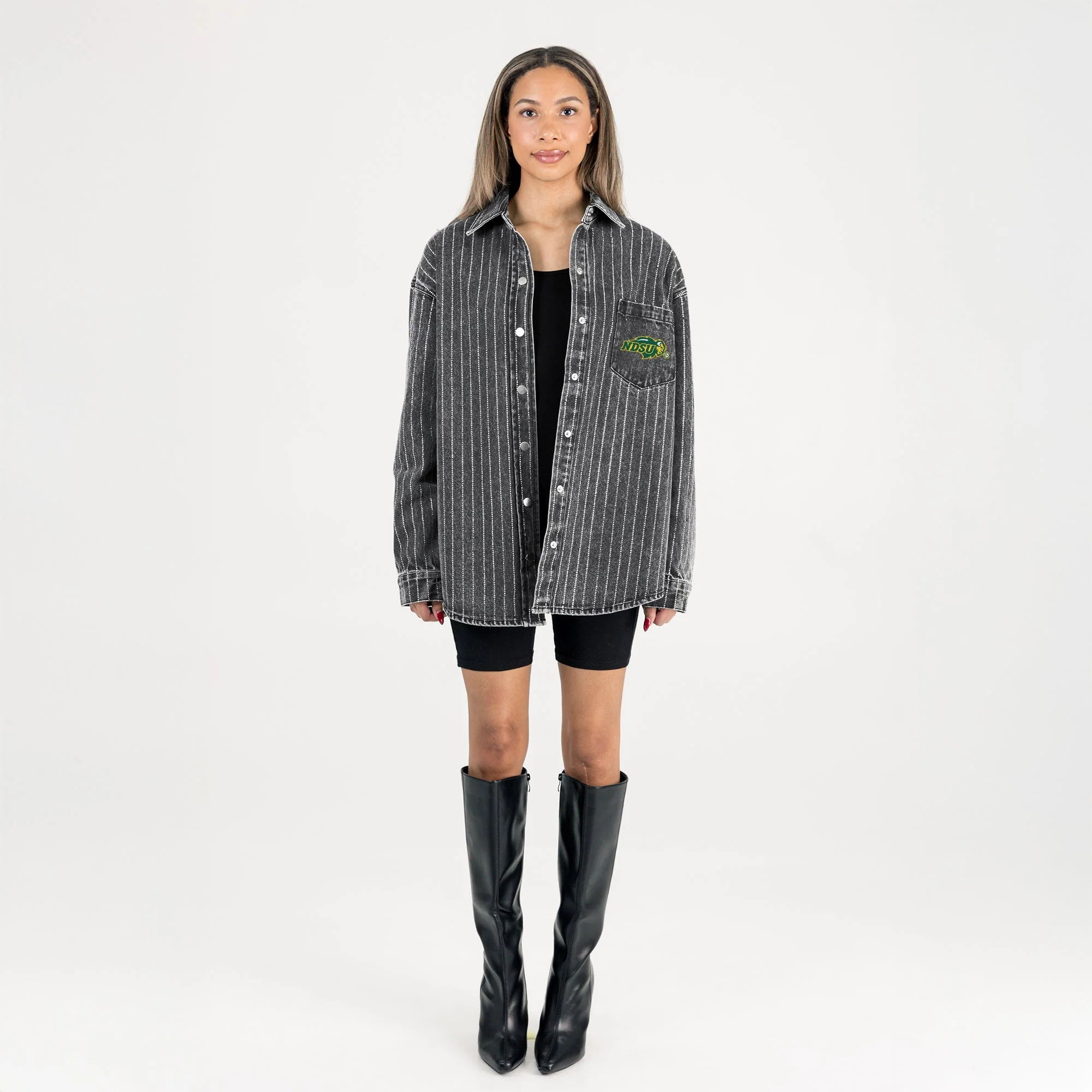 NORTH DAKOTA STATE BISON STYLE'S THE LIMIT MICRO-RHINESTONE DENIM OVERSHIRT IN BLACK - Image 6
