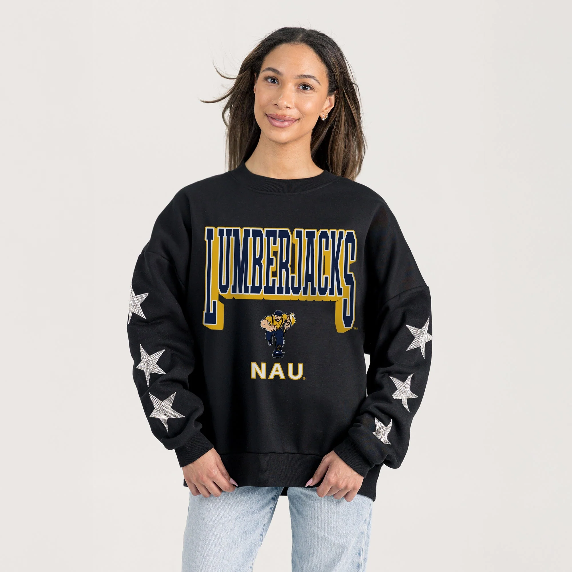 NORTHERN ARIZONA LUMBERJACKS PURE VICTORY EMBELLISHED STAR SLEEVE CREWNECK PULLOVER - Image 2