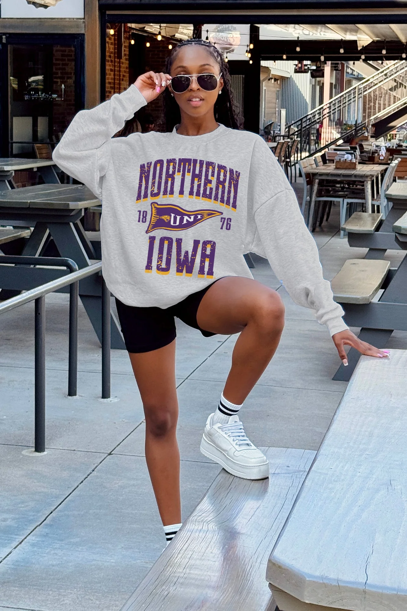 NORTHERN IOWA PANTHERS PENNANT PRIDE PREMIUM FLEECE DROP SHOULDER CREWNECK PULLOVER - Image 2