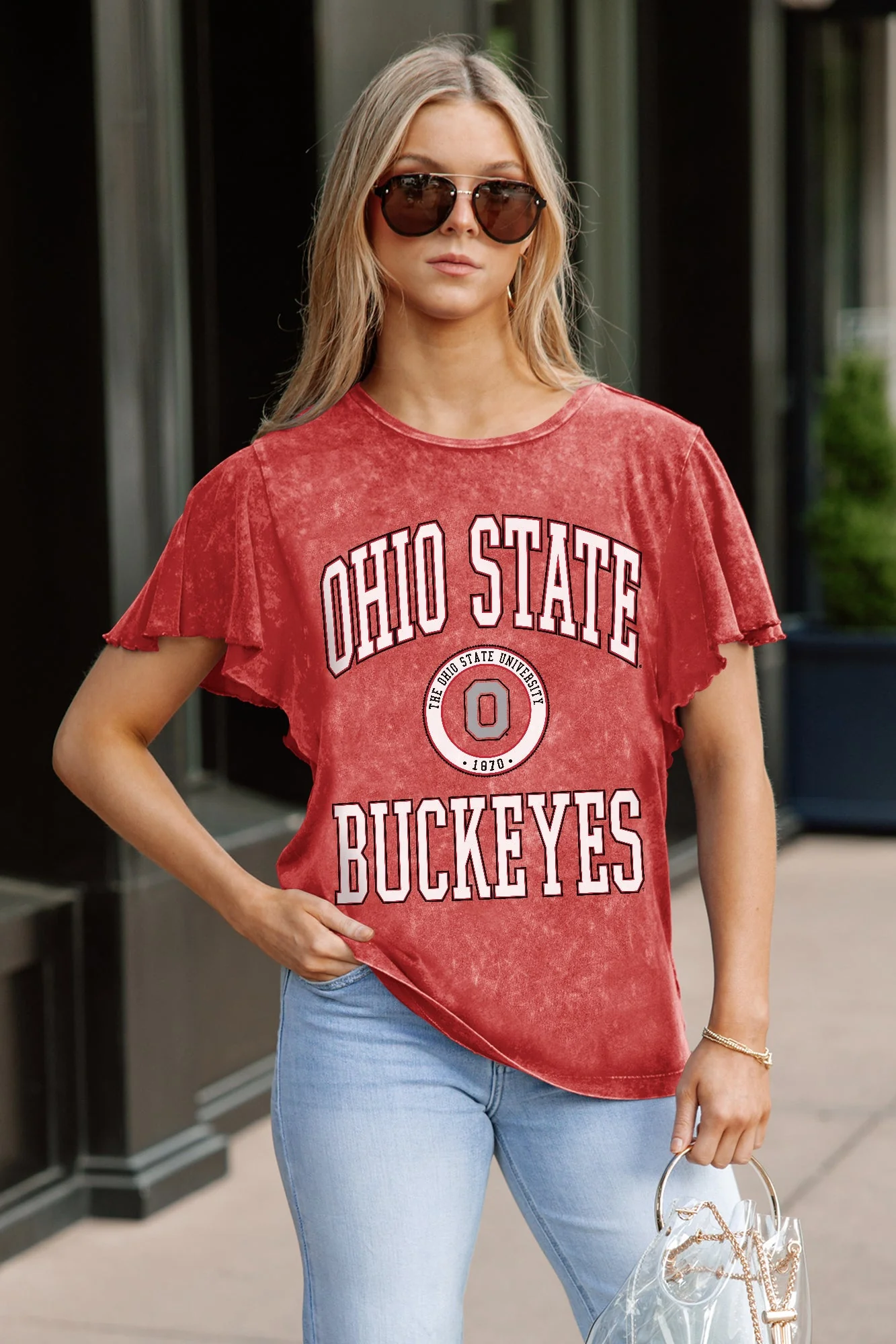 OHIO STATE BUCKEYES VICTORY MODE FLUTTER SLEEVE TEE IN RED - Image 2