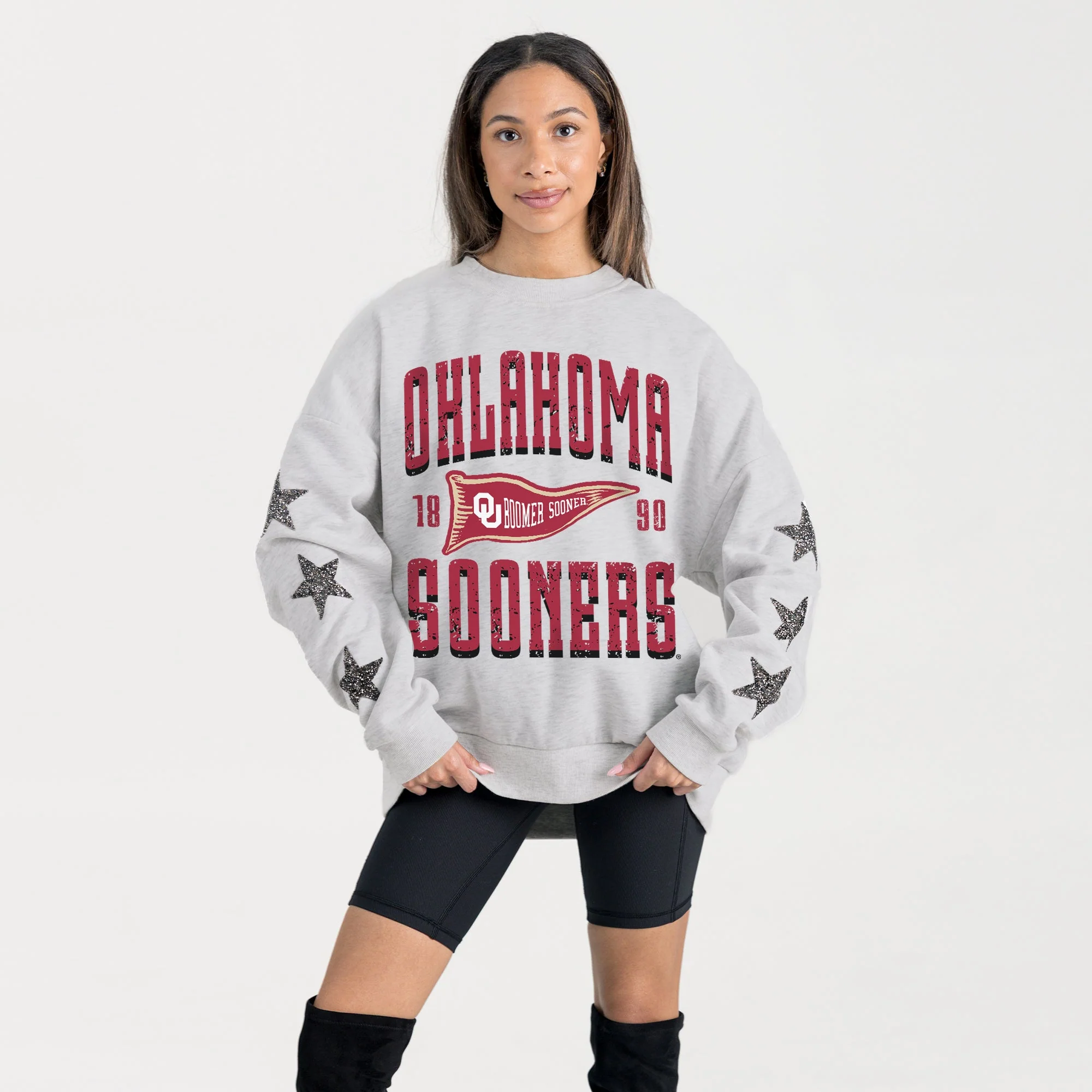 OKLAHOMA SOONERS PENNANT PRIDE EMBELLISHED STAR SLEEVE CREWNECK PULLOVER - Image 3