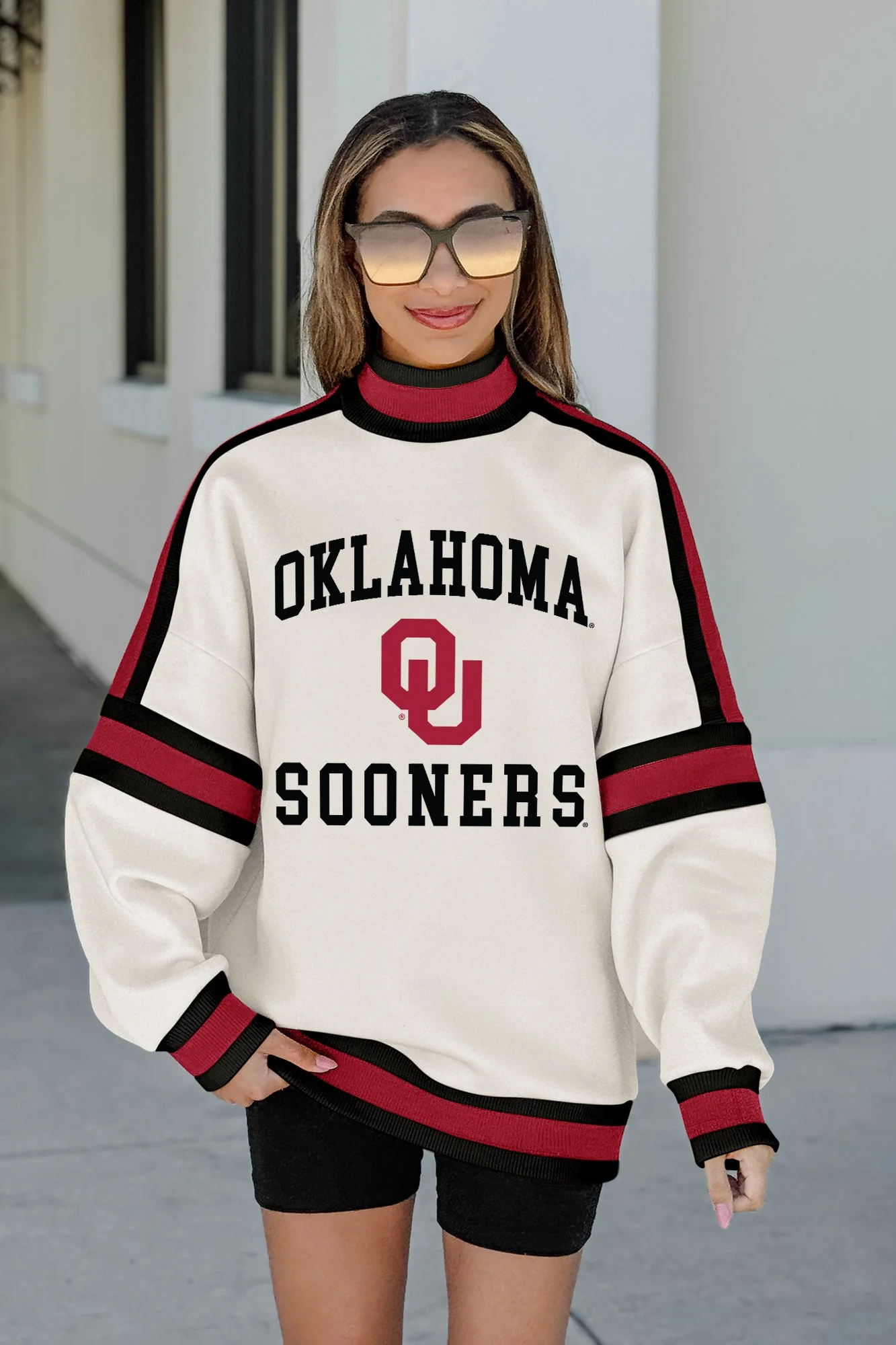 OKLAHOMA SOONERS VIVID MOTION COLORBLOCK TURTLENECK PULLOVER IN BLACK/CRIMSON