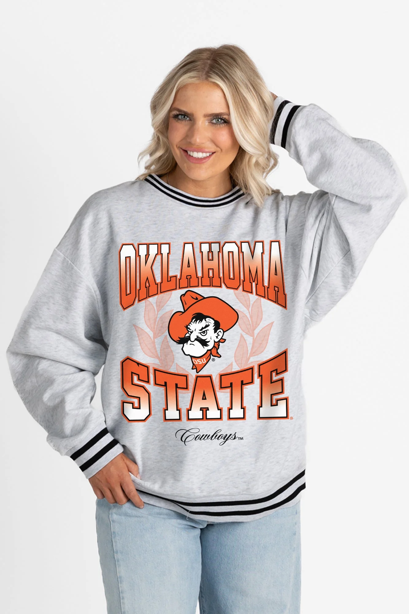 OKLAHOMA STATE COWBOYS FADE ROUTE CREW FLEECE RINGER SWEATSHIRT - Image 5