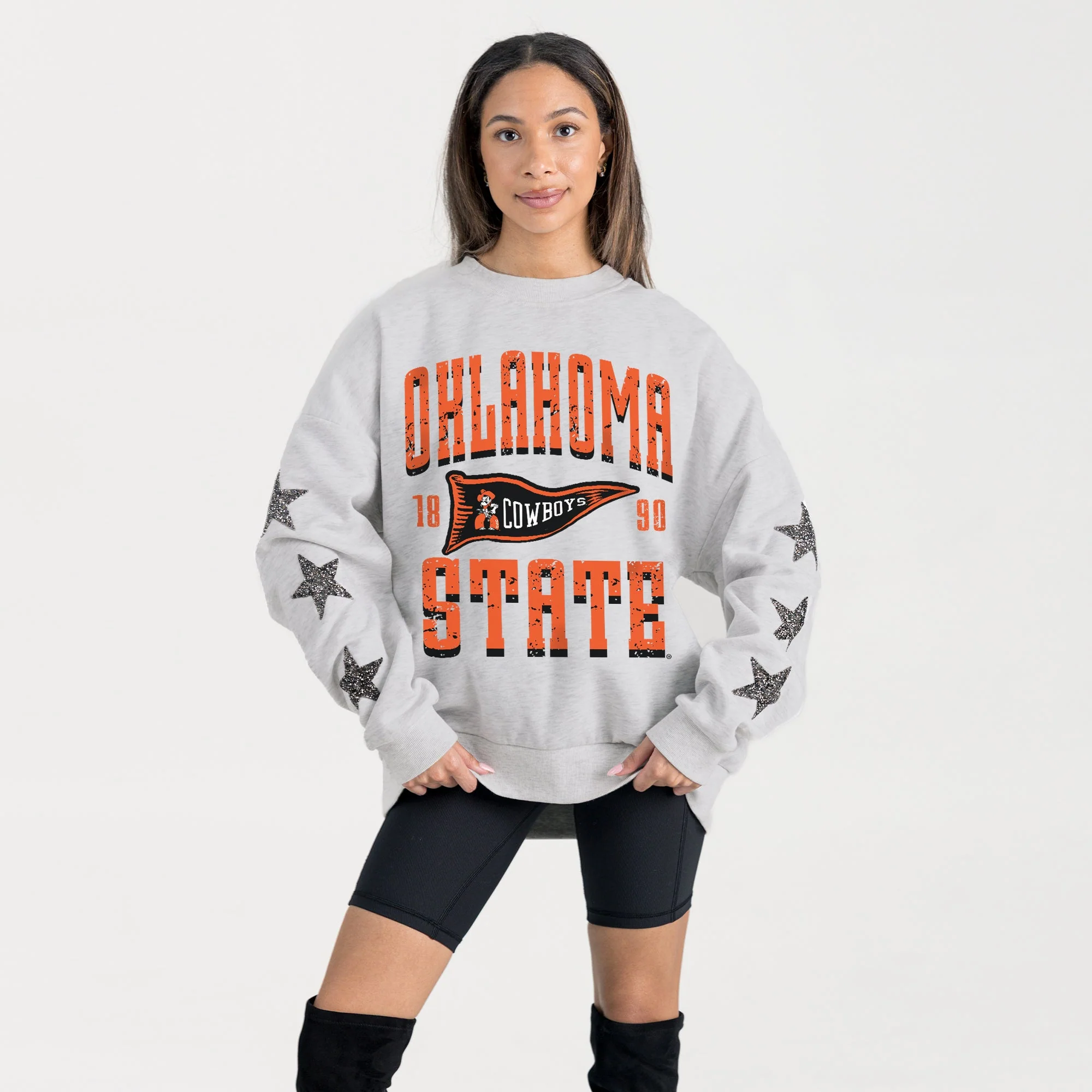 OKLAHOMA STATE COWBOYS PENNANT PRIDE EMBELLISHED STAR SLEEVE CREWNECK PULLOVER - Image 3