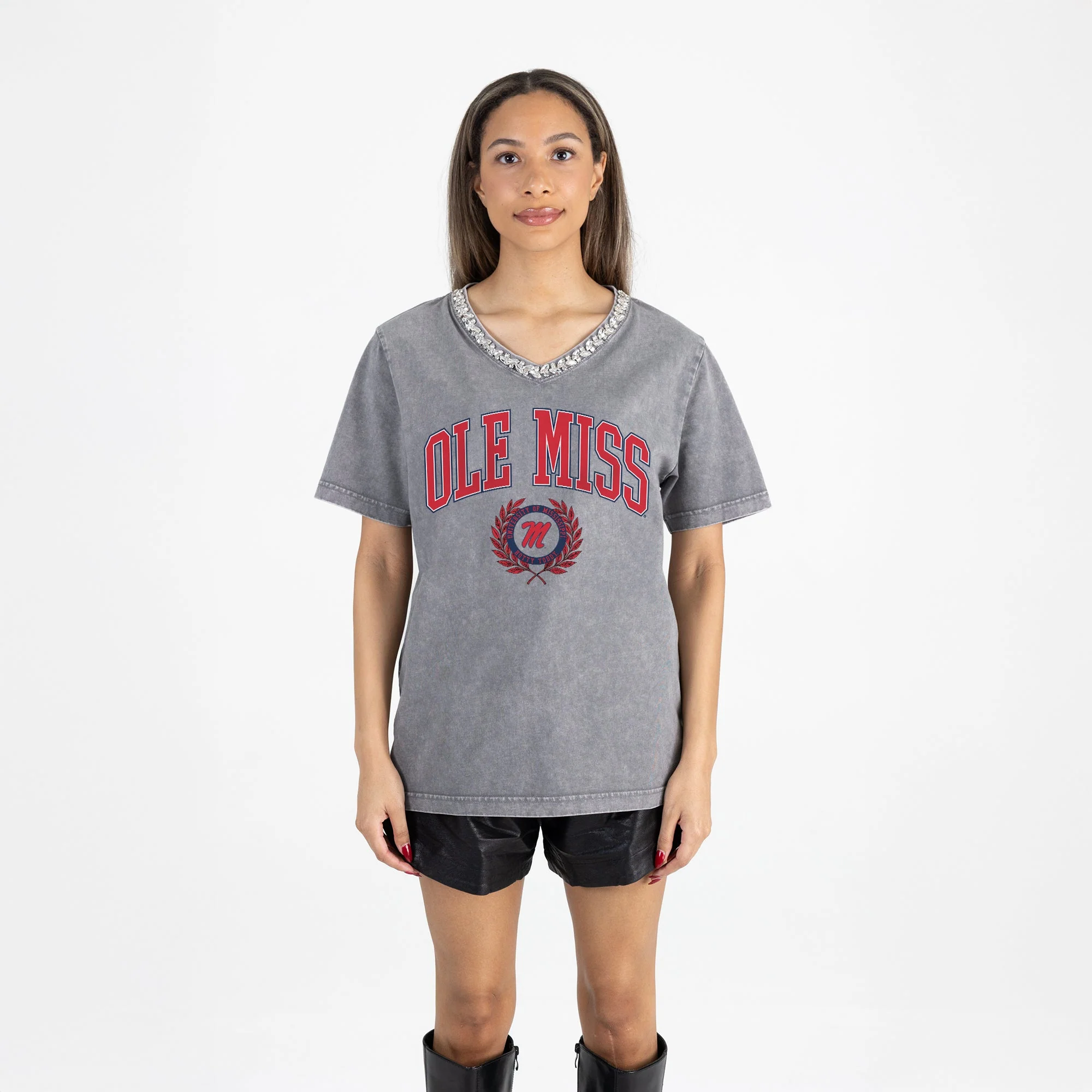 OLE MISS REBELS ICONIC EDGE RHINESTONE TRIM V-NECK TEE - Image 5