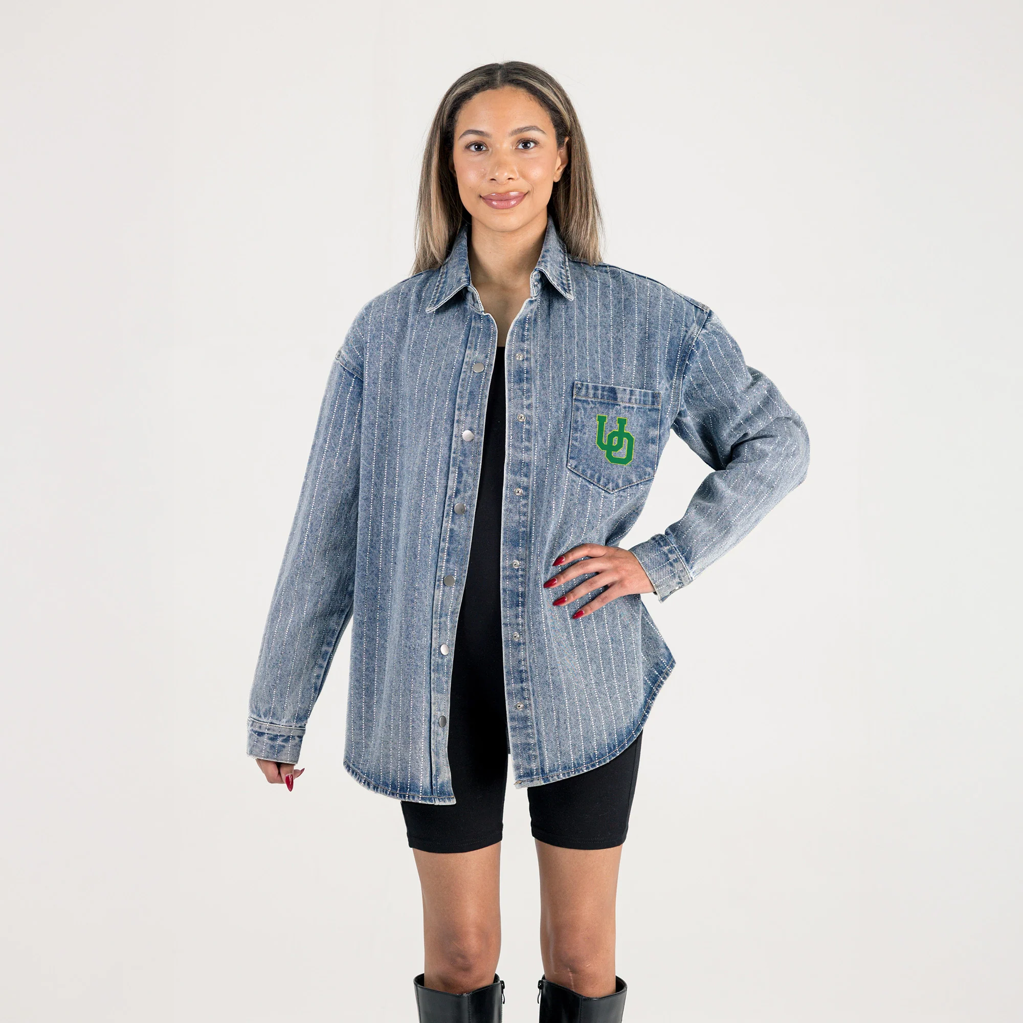 OREGON DUCKS STYLE'S THE LIMIT MICRO-RHINESTONE DENIM OVERSHIRT - Image 6