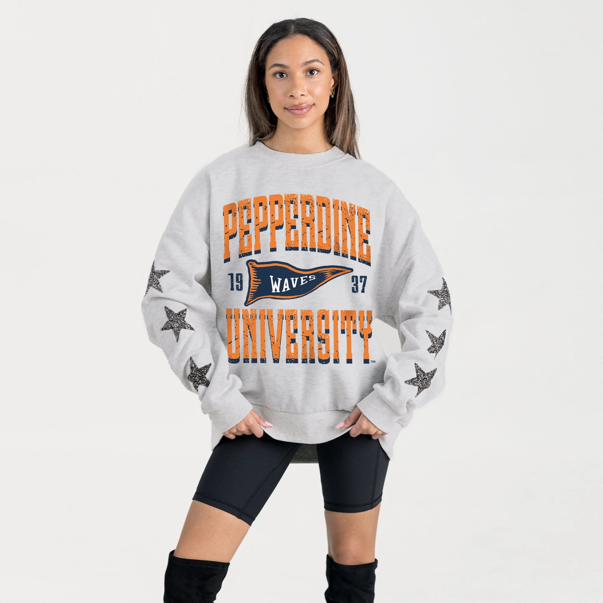 PEPPERDINE WAVES PENNANT PRIDE EMBELLISHED STAR SLEEVE CREWNECK PULLOVER - Image 3