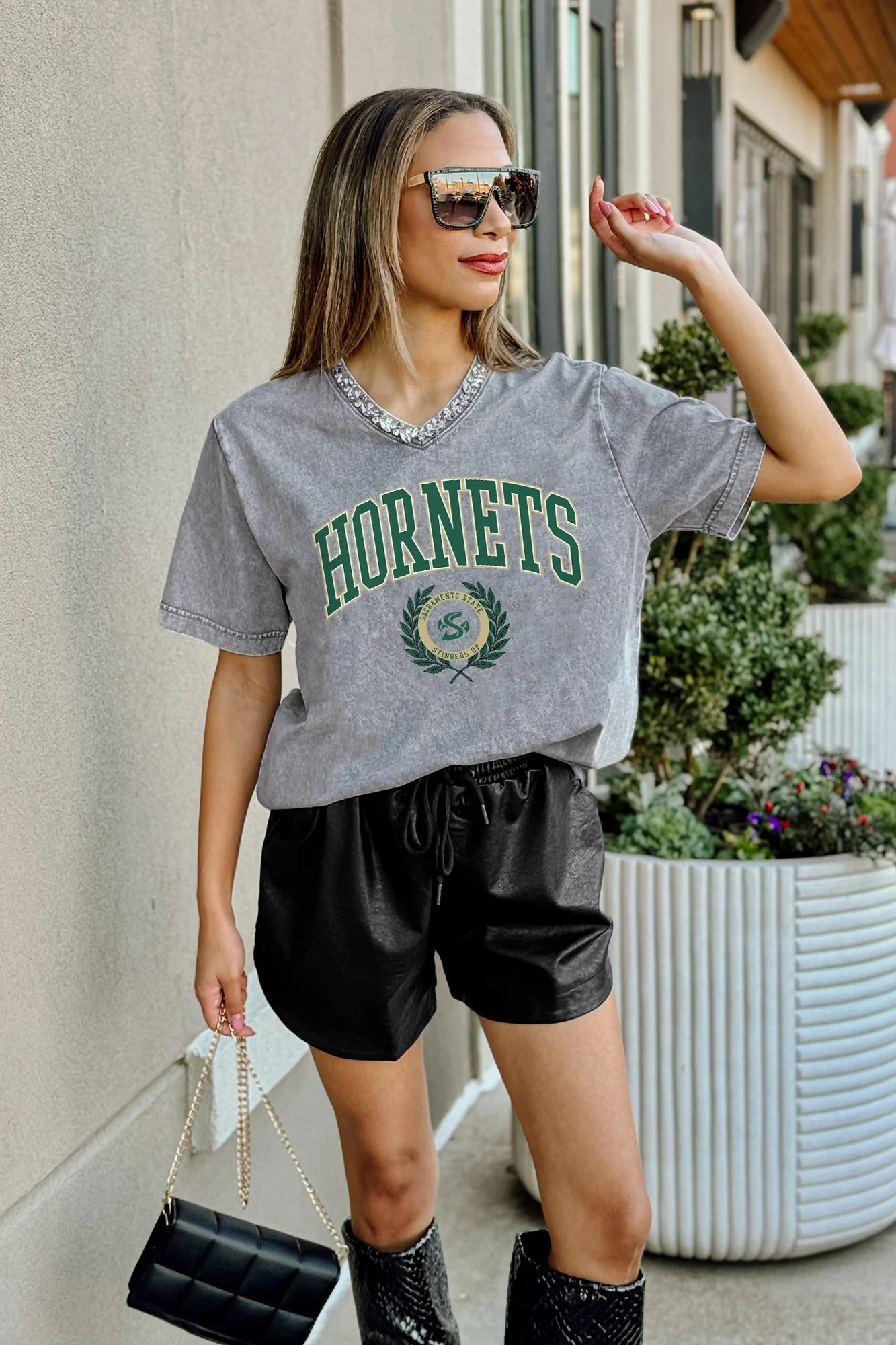 SACRAMENTO STATE HORNETS ICONIC EDGE RHINESTONE TRIM V-NECK TEE - Image 2