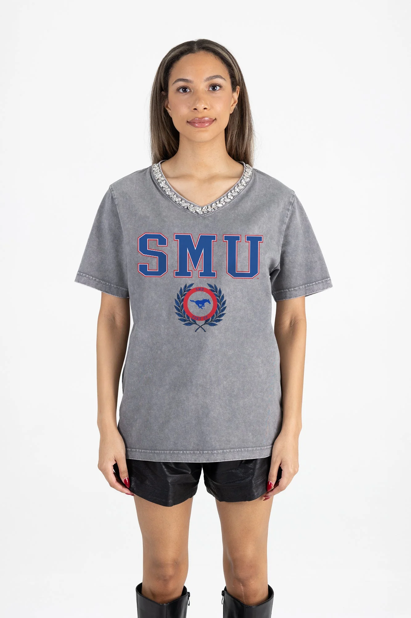 SMU MUSTANGS ICONIC EDGE RHINESTONE TRIM V-NECK TEE - Image 5