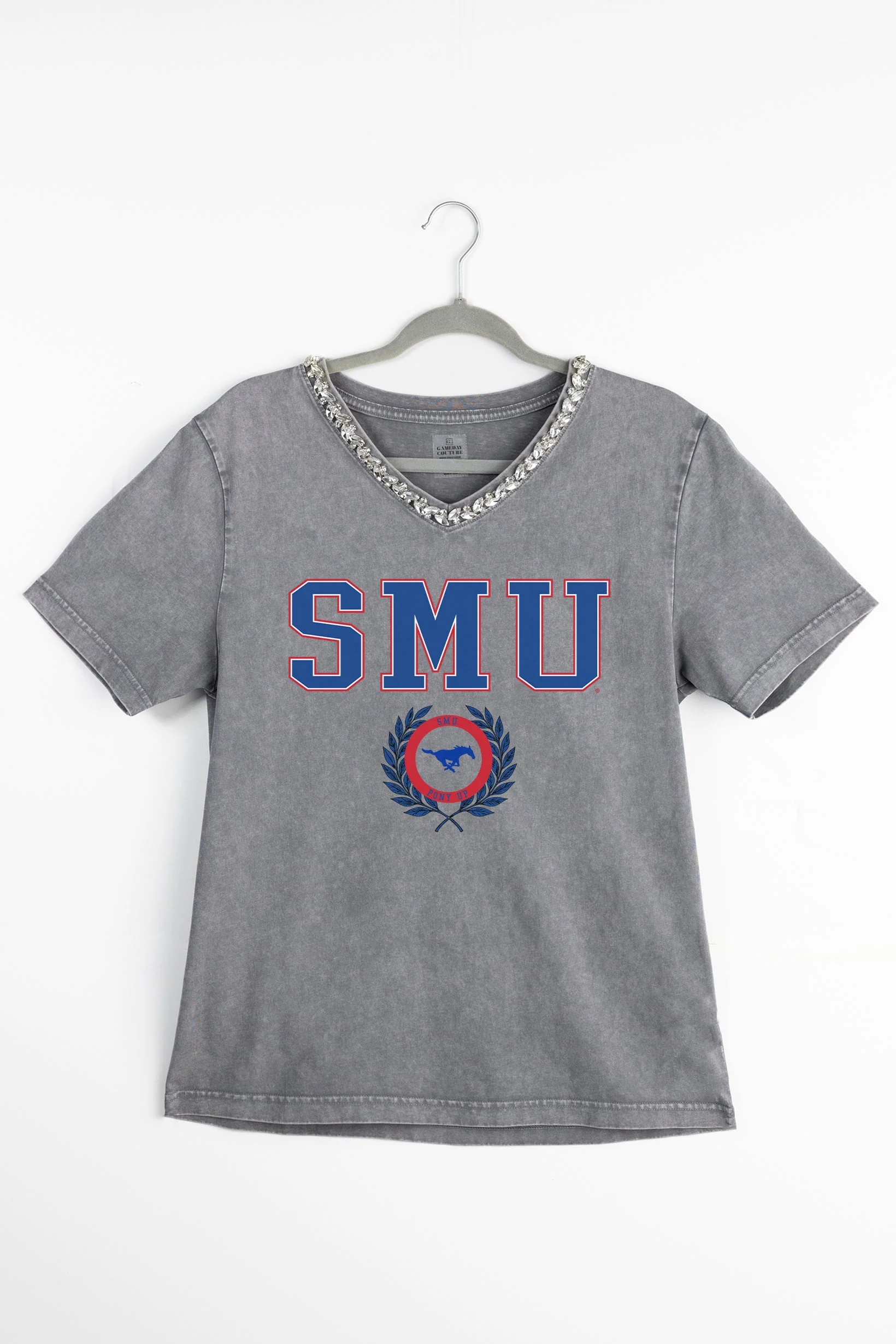 SMU MUSTANGS ICONIC EDGE RHINESTONE TRIM V-NECK TEE - Image 8