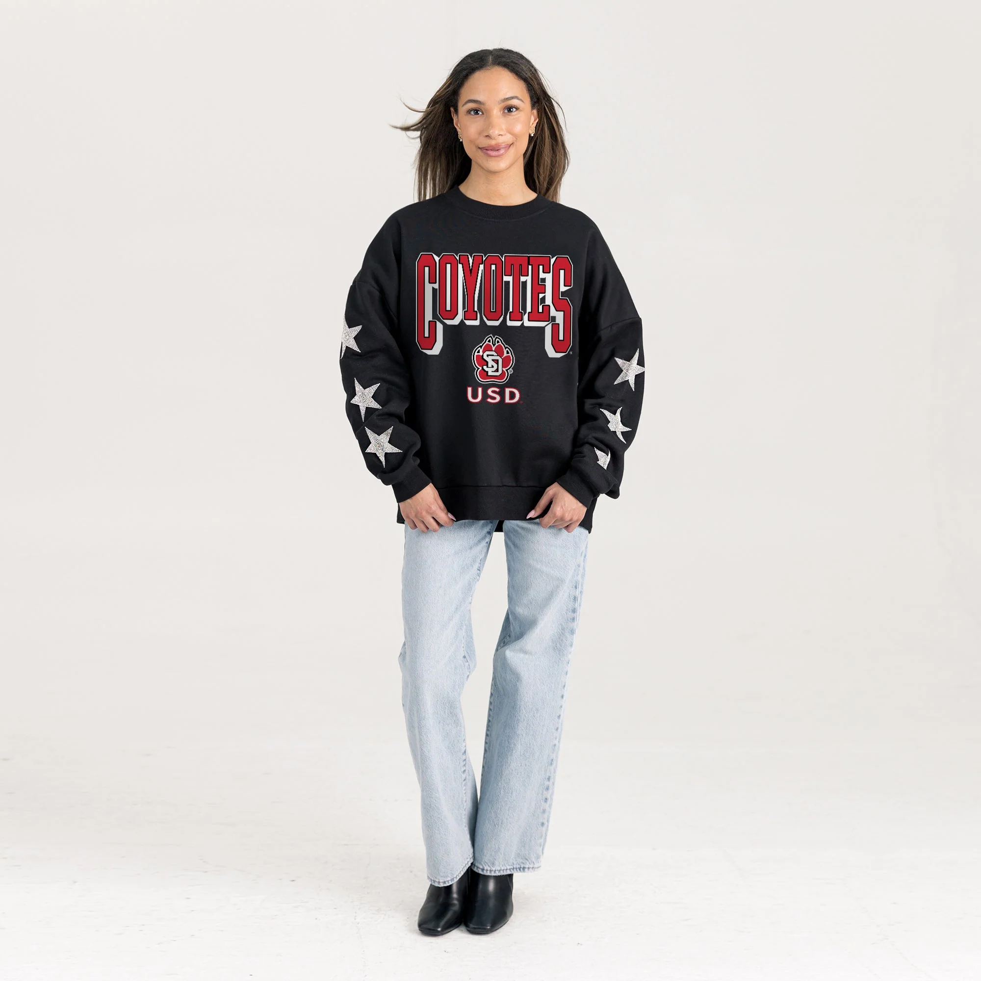 SOUTH DAKOTA COYOTES PURE VICTORY EMBELLISHED STAR SLEEVE CREWNECK PULLOVER - Image 4