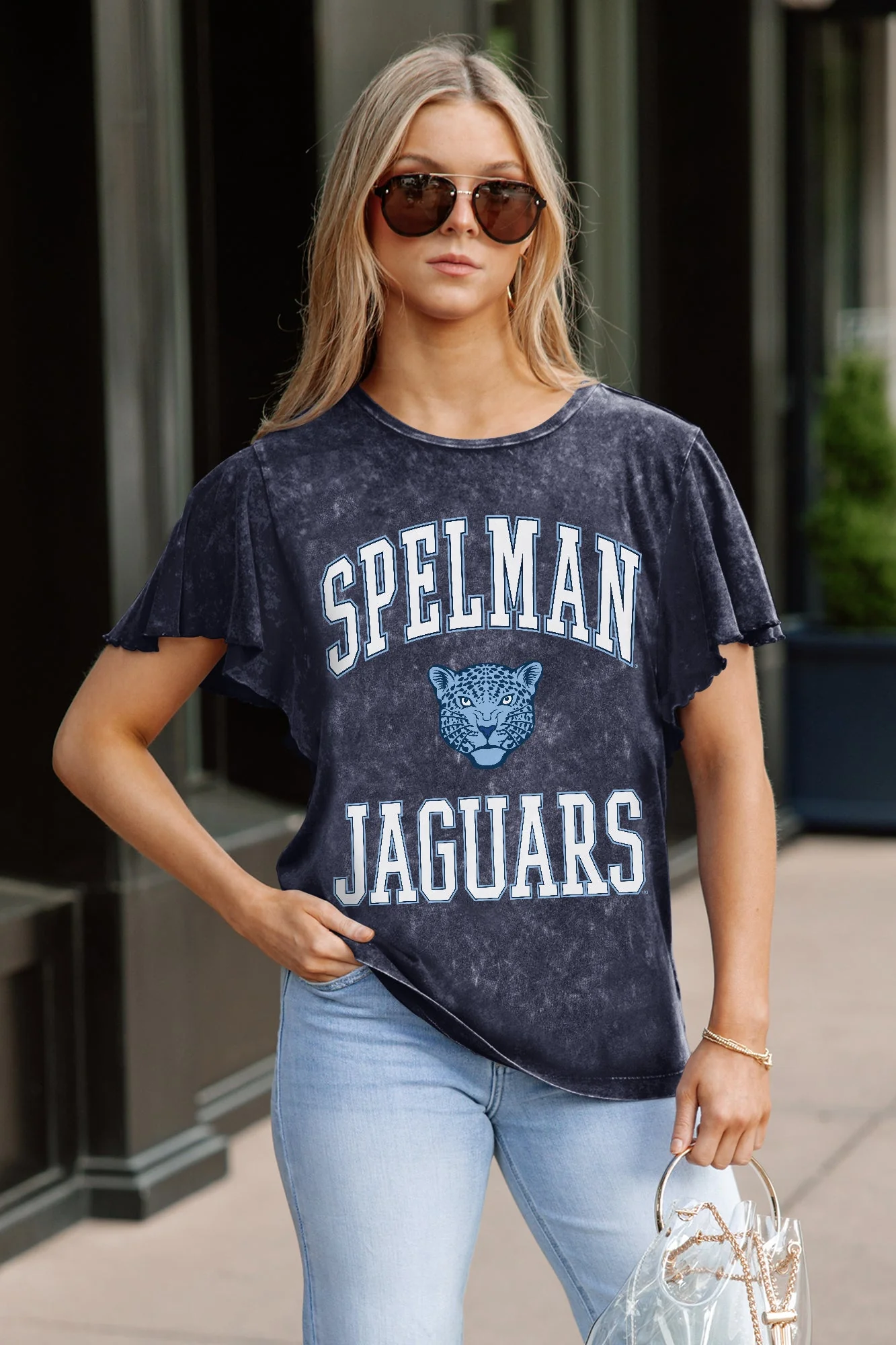 SPELMAN COLLEGE JAGUARS VICTORY MODE FLUTTER SLEEVE TEE IN NAVY - Image 2