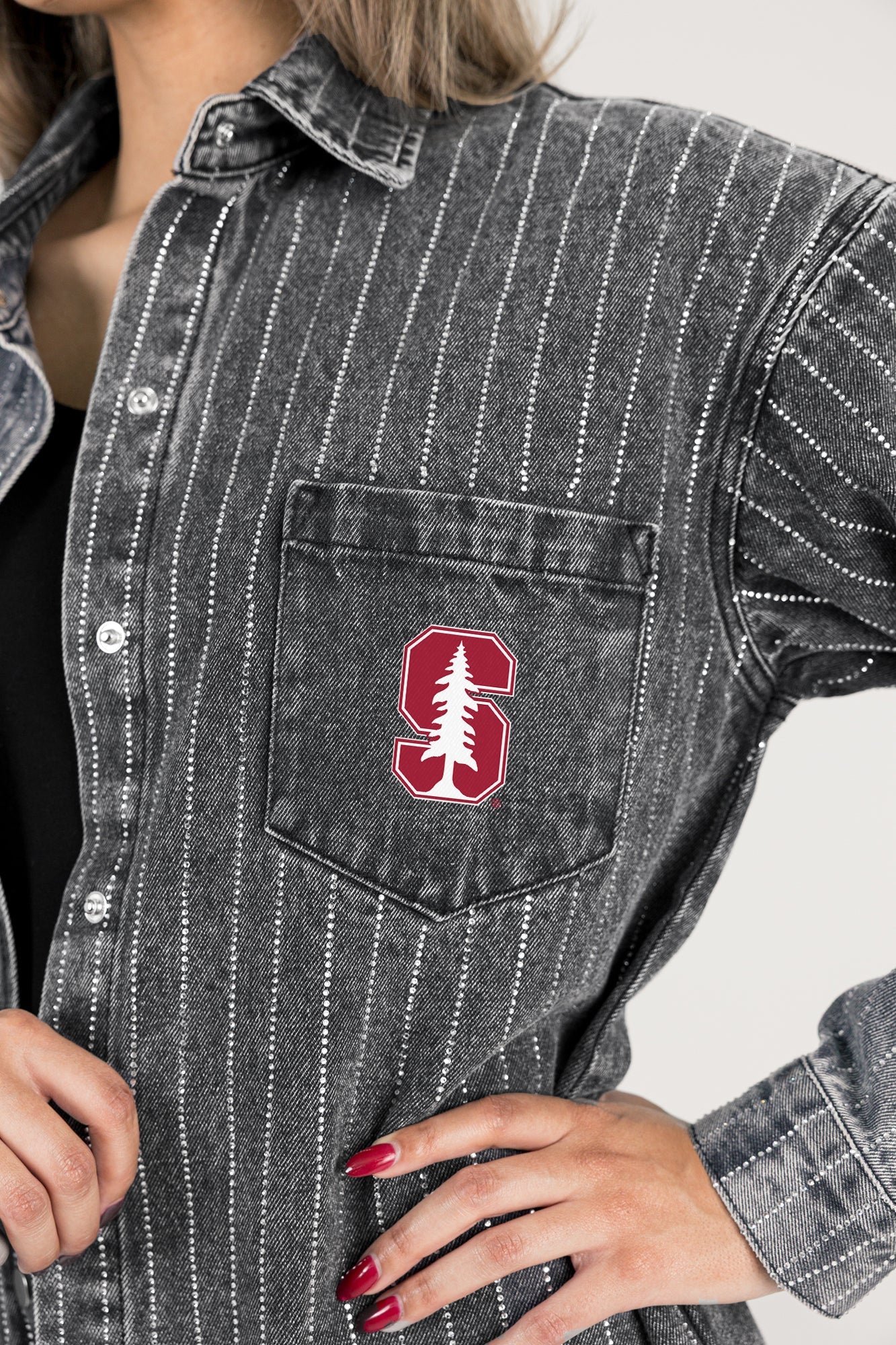 STANFORD CARDINAL STYLE'S THE LIMIT MICRO-RHINESTONE DENIM OVERSHIRT IN BLACK - Image 5