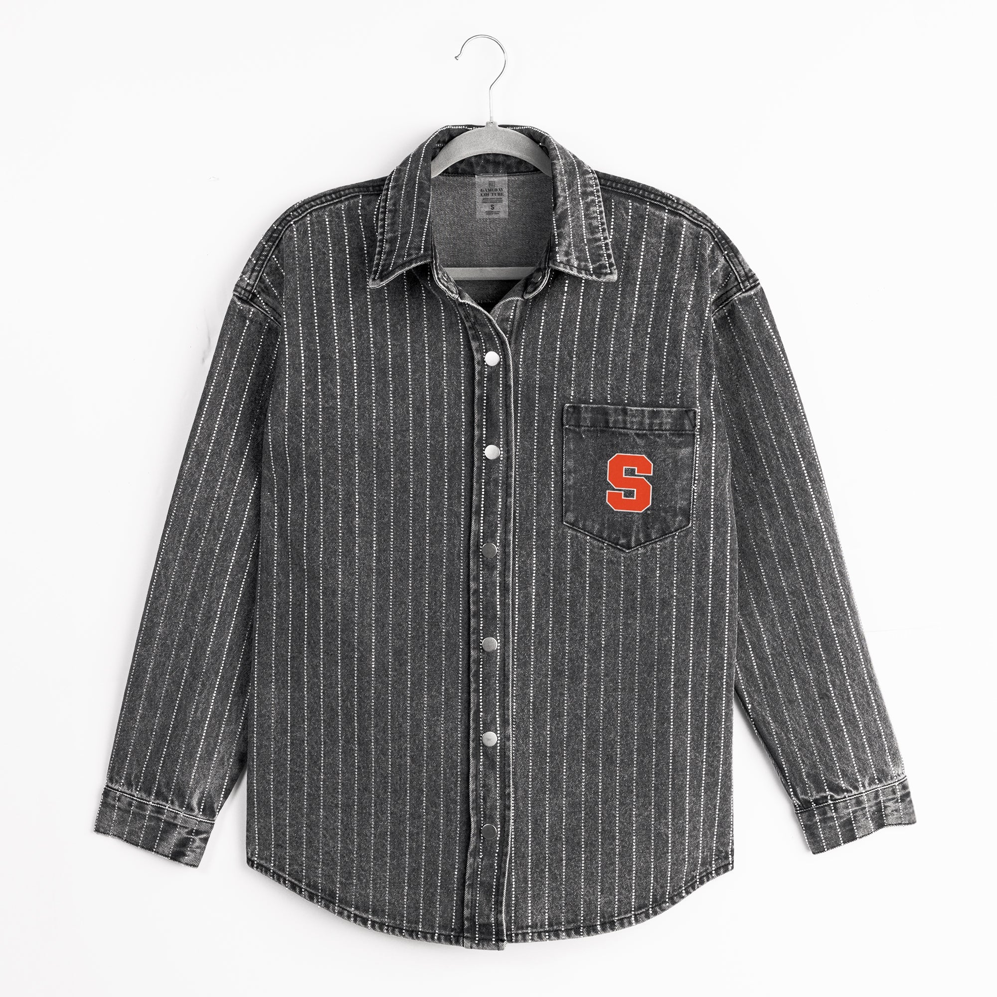 SYRACUSE ORANGE STYLE'S THE LIMIT MICRO-RHINESTONE DENIM OVERSHIRT IN BLACK - Image 8