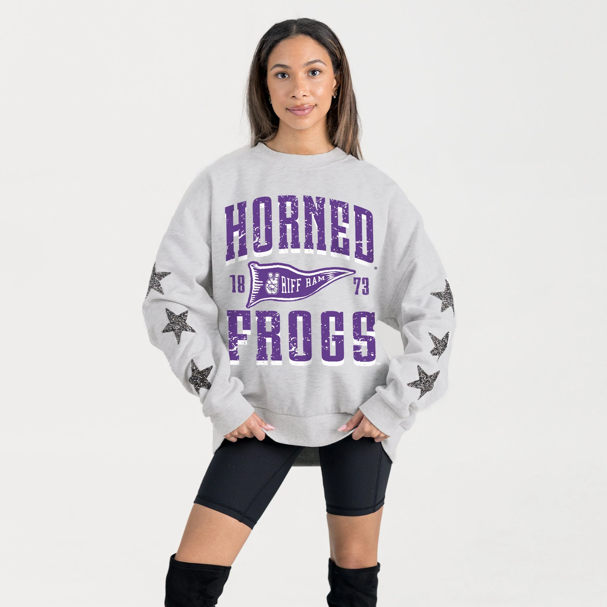 TCU HORNED FROGS PENNANT PRIDE EMBELLISHED STAR SLEEVE CREWNECK PULLOVER - Image 3