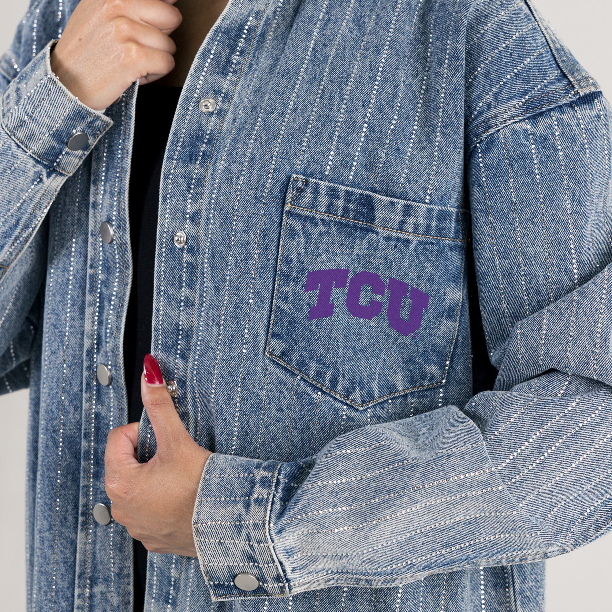 TCU HORNED FROGS STYLE'S THE LIMIT MICRO-RHINESTONE DENIM OVERSHIRT - Image 5