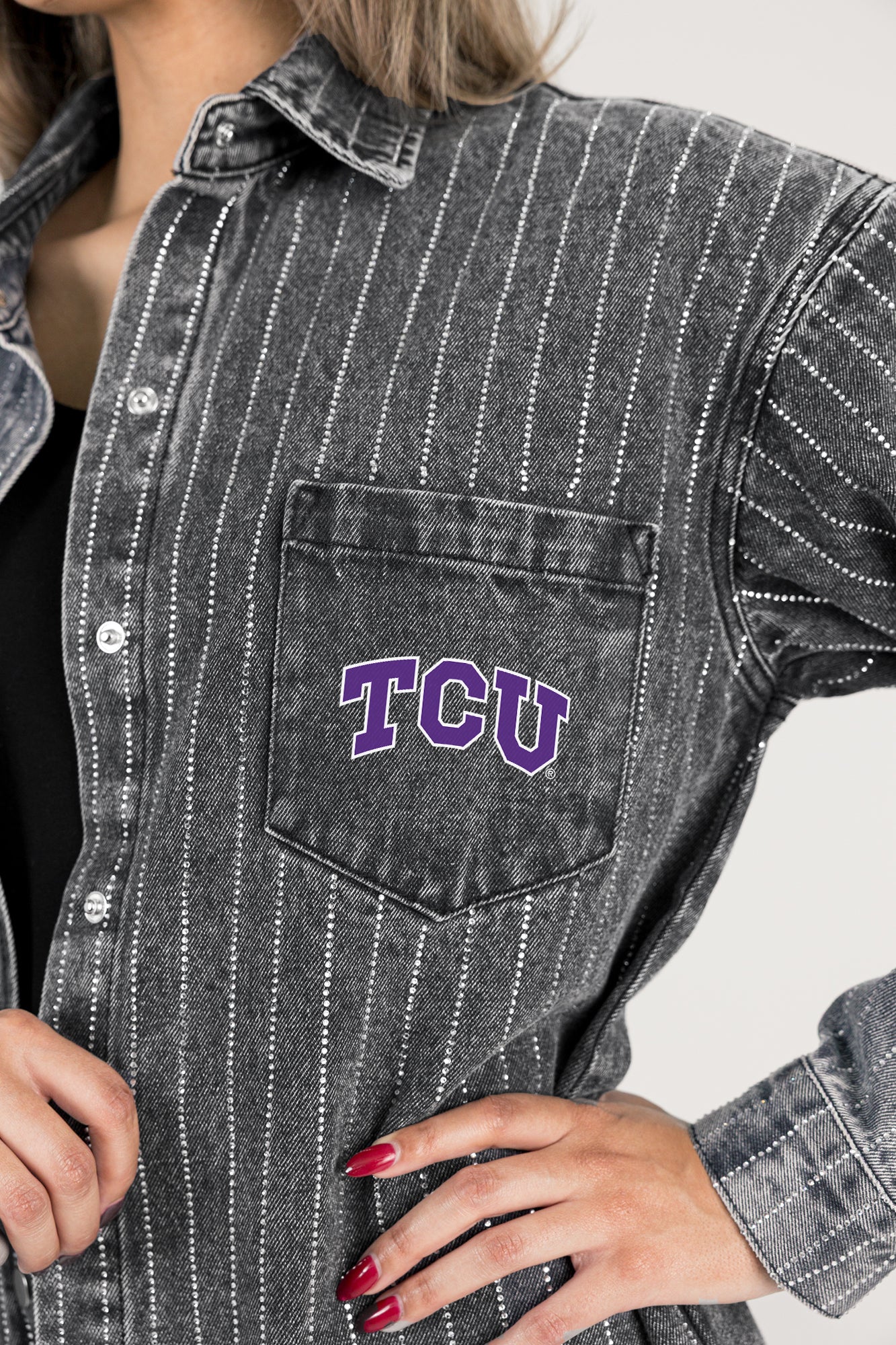 TCU HORNED FROGS STYLE'S THE LIMIT MICRO-RHINESTONE DENIM OVERSHIRT IN BLACK - Image 5