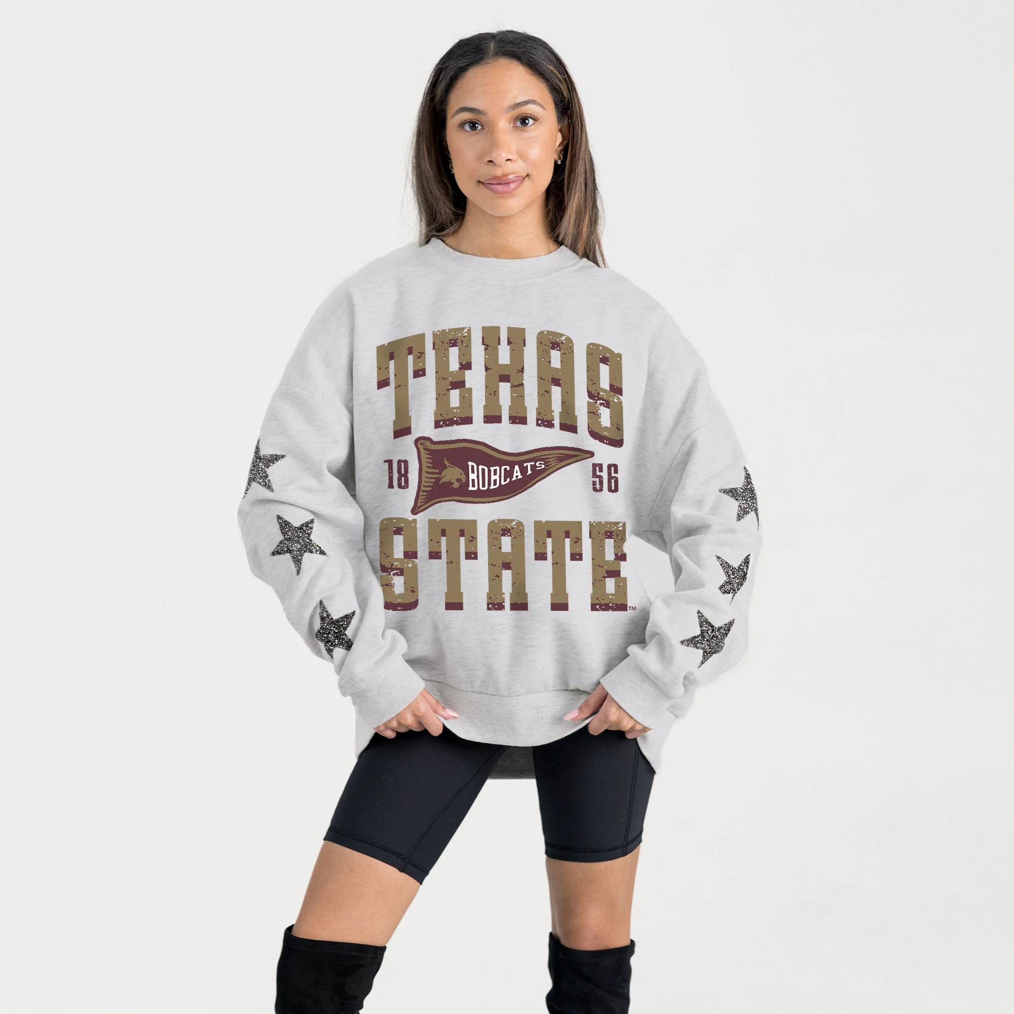 TEXAS STATE BOBCATS PENNANT PRIDE EMBELLISHED STAR SLEEVE CREWNECK PULLOVER - Image 3