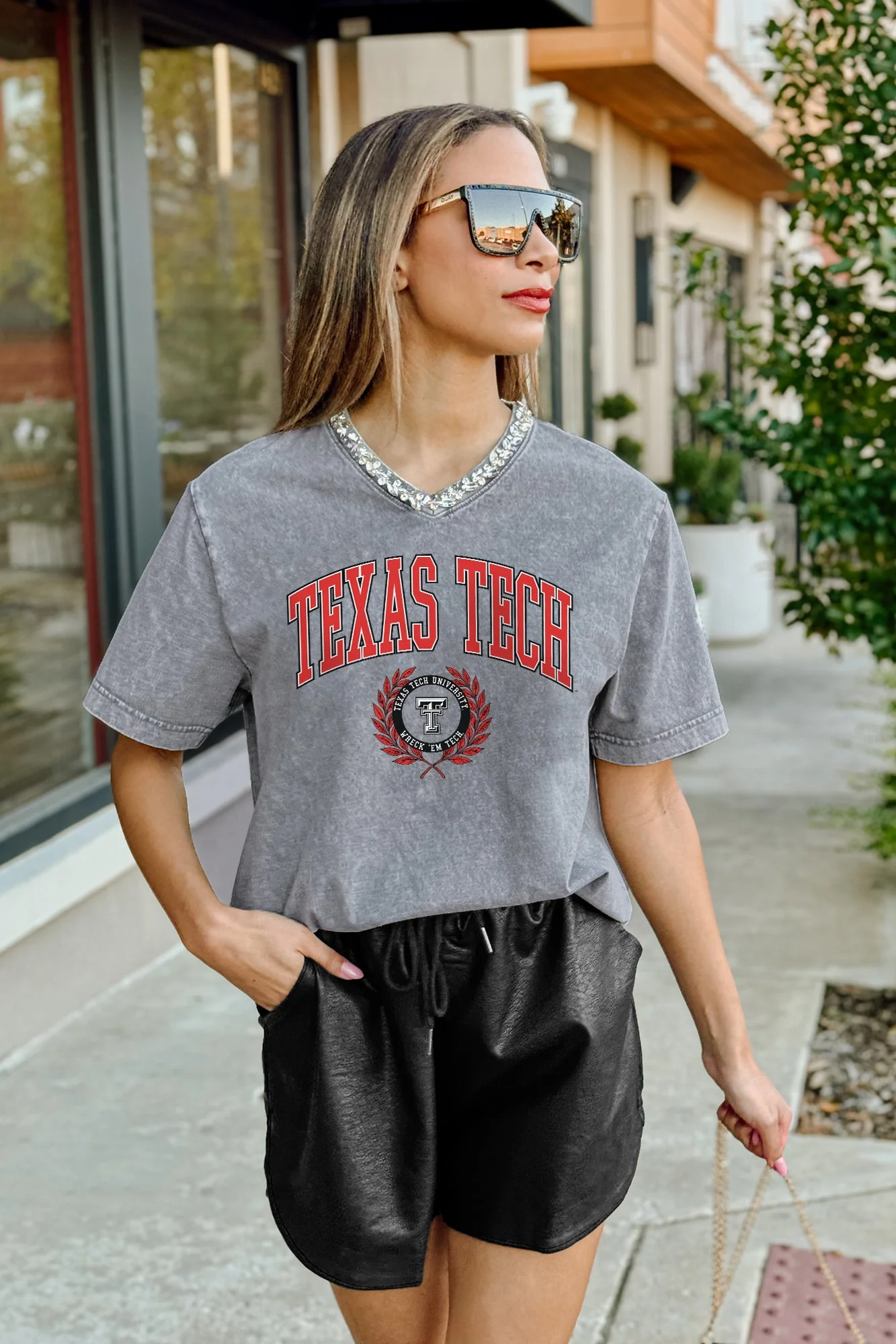 TEXAS TECH RED RAIDERS ICONIC EDGE RHINESTONE TRIM V-NECK TEE