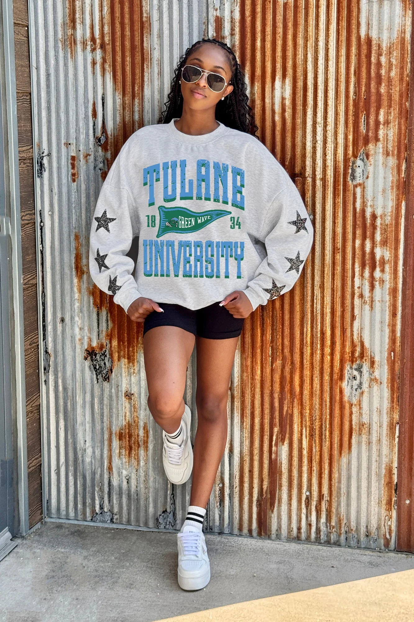 TULANE GREEN WAVE PENNANT PRIDE EMBELLISHED STAR SLEEVE CREWNECK PULLOVER - Image 2