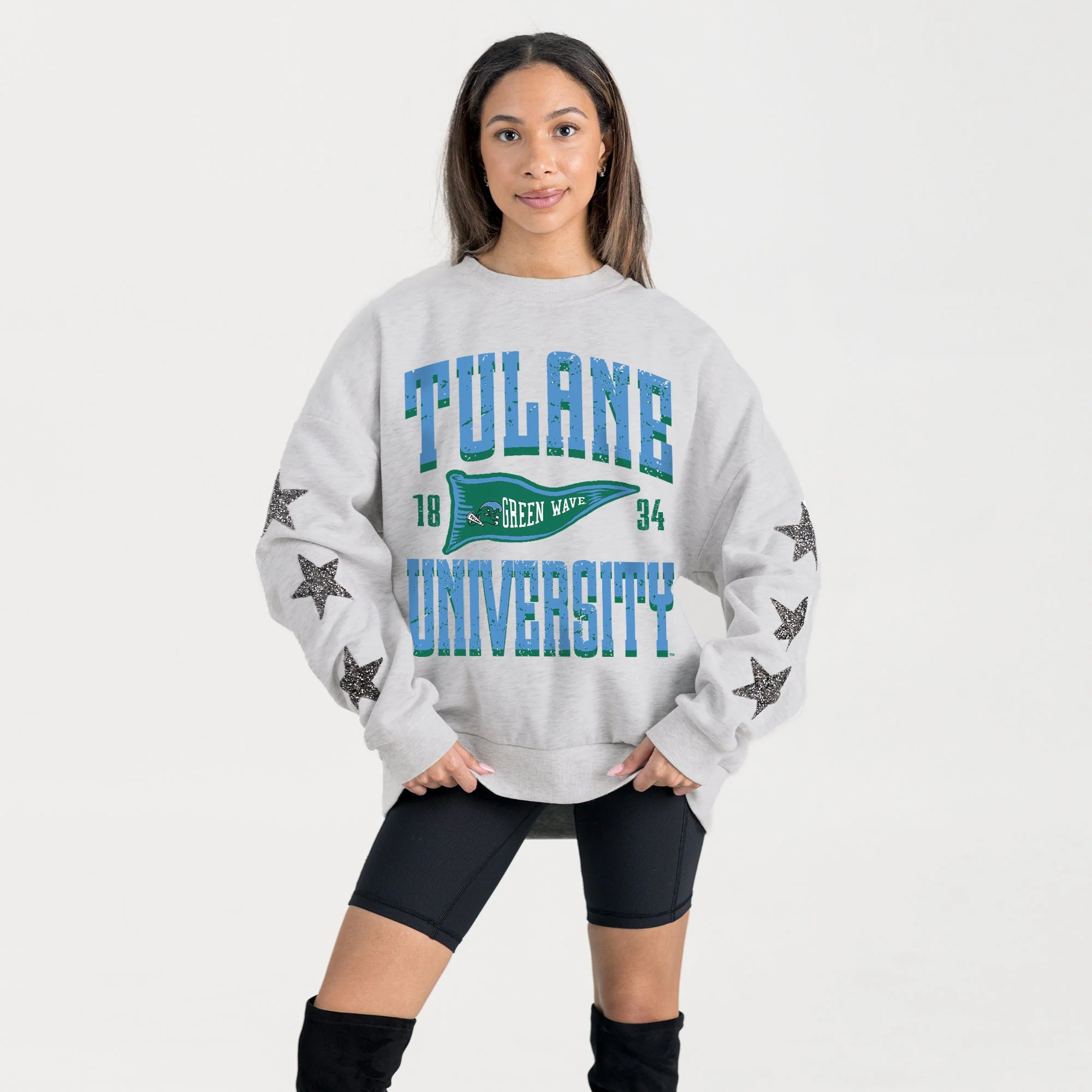 TULANE GREEN WAVE PENNANT PRIDE EMBELLISHED STAR SLEEVE CREWNECK PULLOVER - Image 3