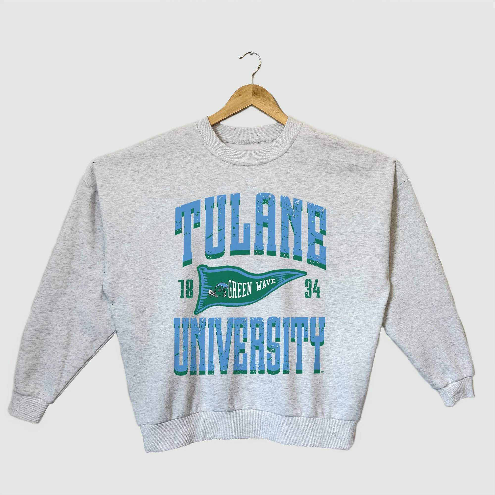 TULANE GREEN WAVE PENNANT PRIDE PREMIUM FLEECE DROP SHOULDER CREWNECK PULLOVER