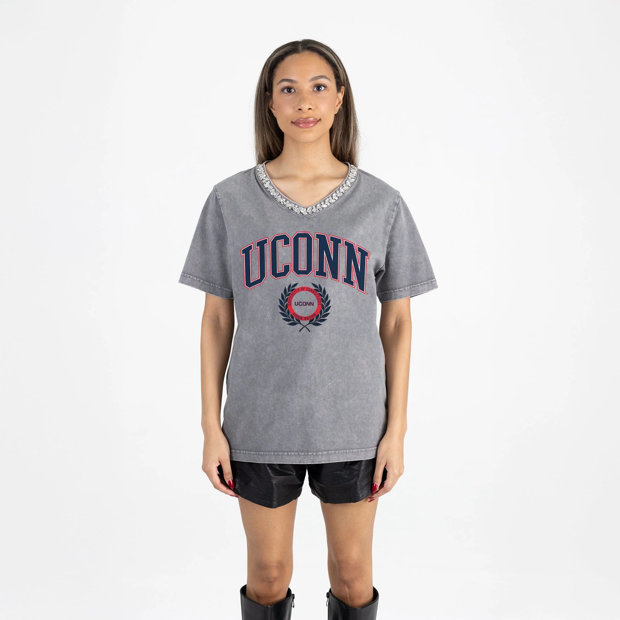 UCONN HUSKIES ICONIC EDGE RHINESTONE TRIM V-NECK TEE - Image 5