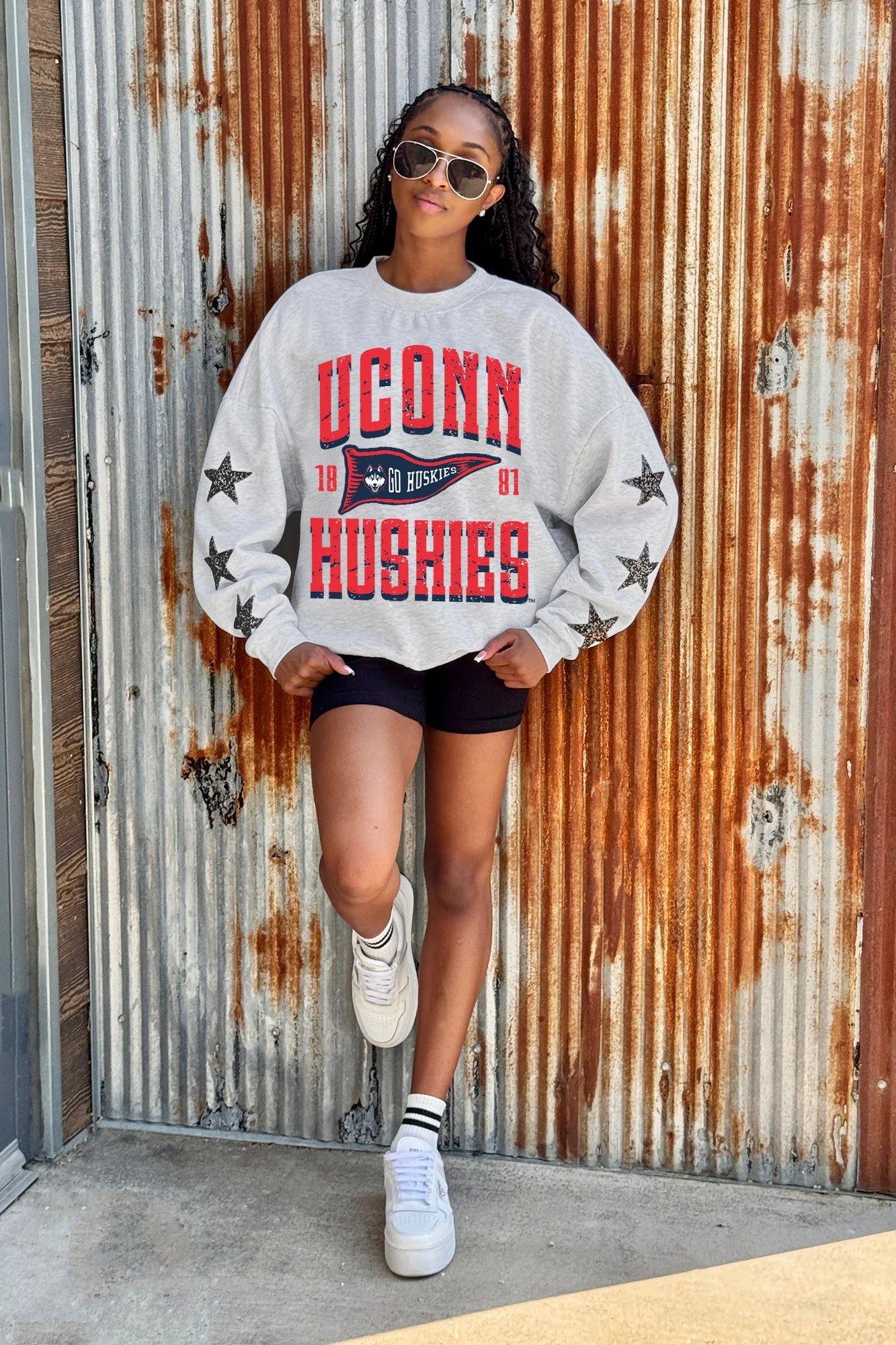 UCONN HUSKIES PENNANT PRIDE EMBELLISHED STAR SLEEVE CREWNECK PULLOVER - Image 2