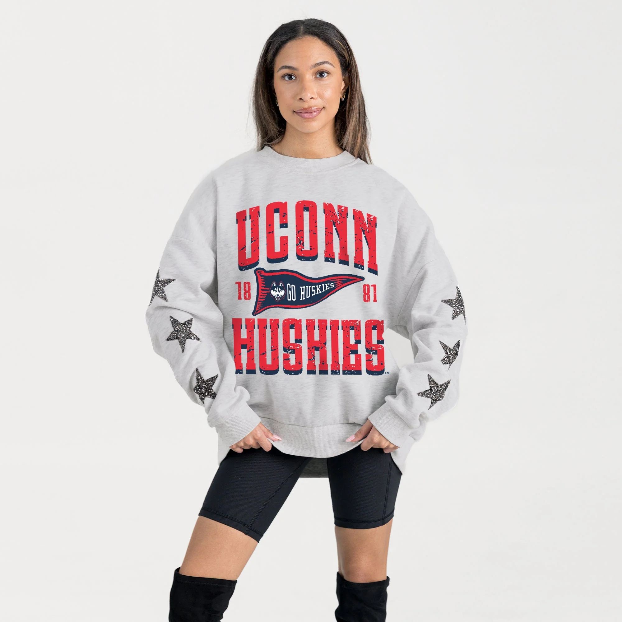 UCONN HUSKIES PENNANT PRIDE EMBELLISHED STAR SLEEVE CREWNECK PULLOVER - Image 3