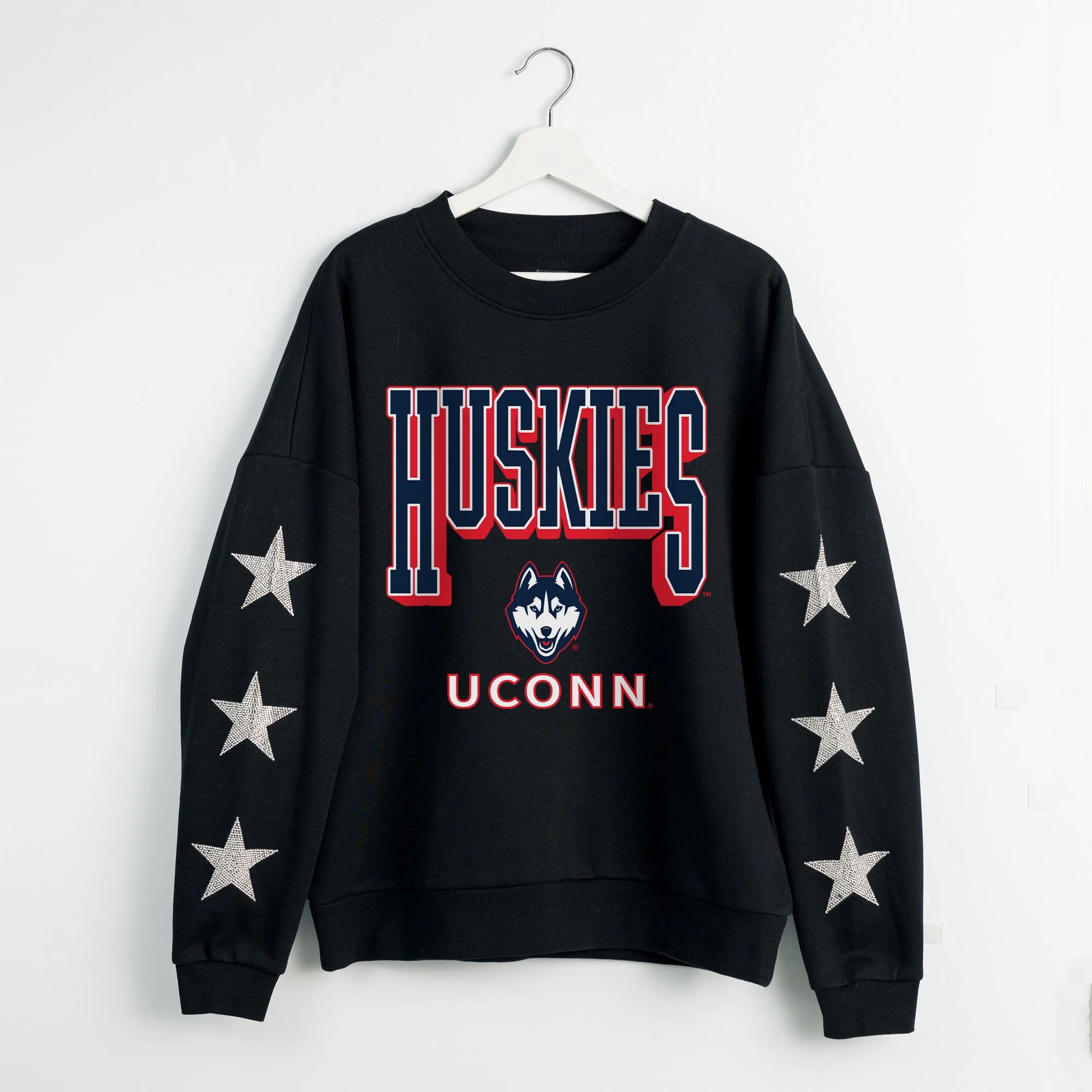 UCONN HUSKIES PURE VICTORY EMBELLISHED STAR SLEEVE CREWNECK PULLOVER