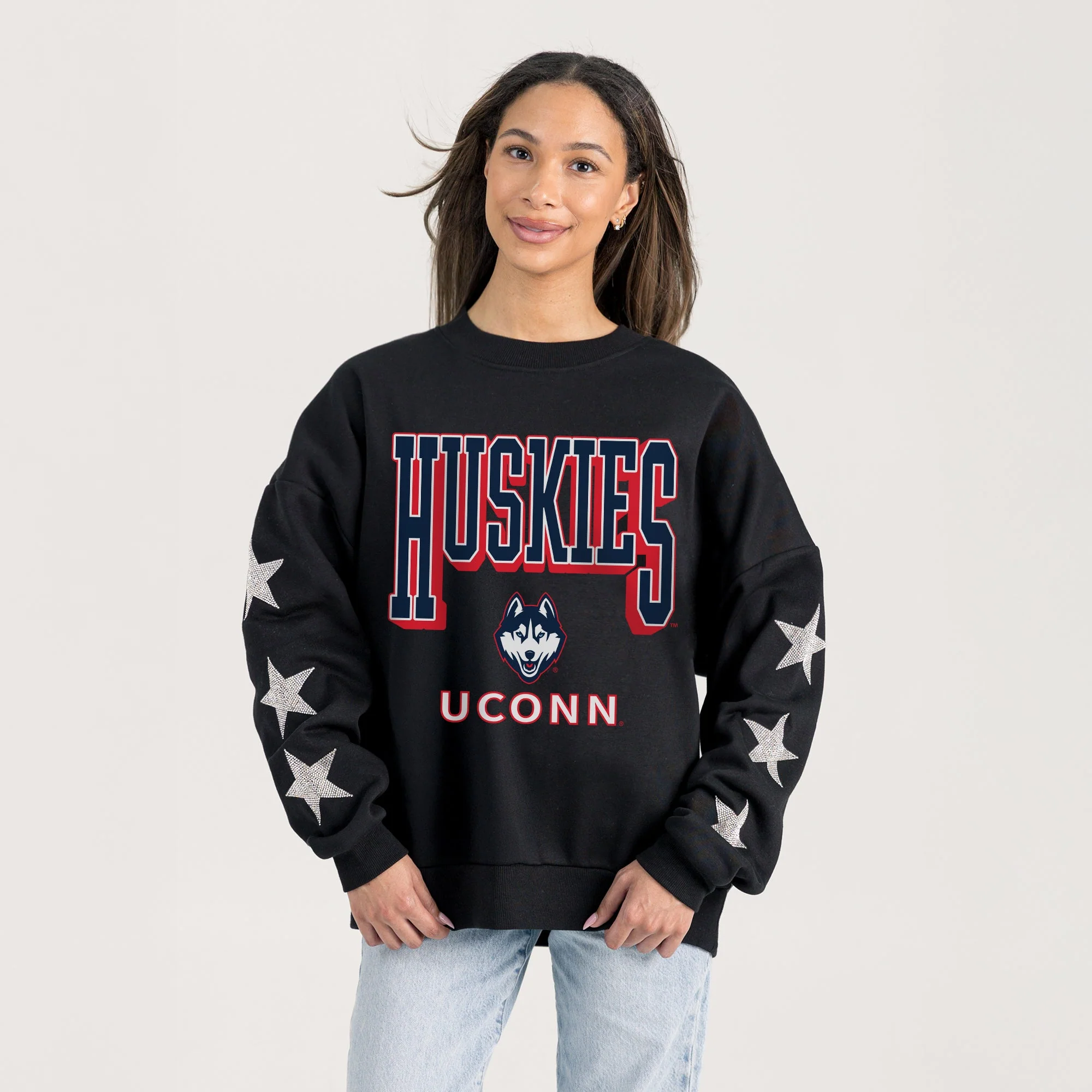 UCONN HUSKIES PURE VICTORY EMBELLISHED STAR SLEEVE CREWNECK PULLOVER - Image 2