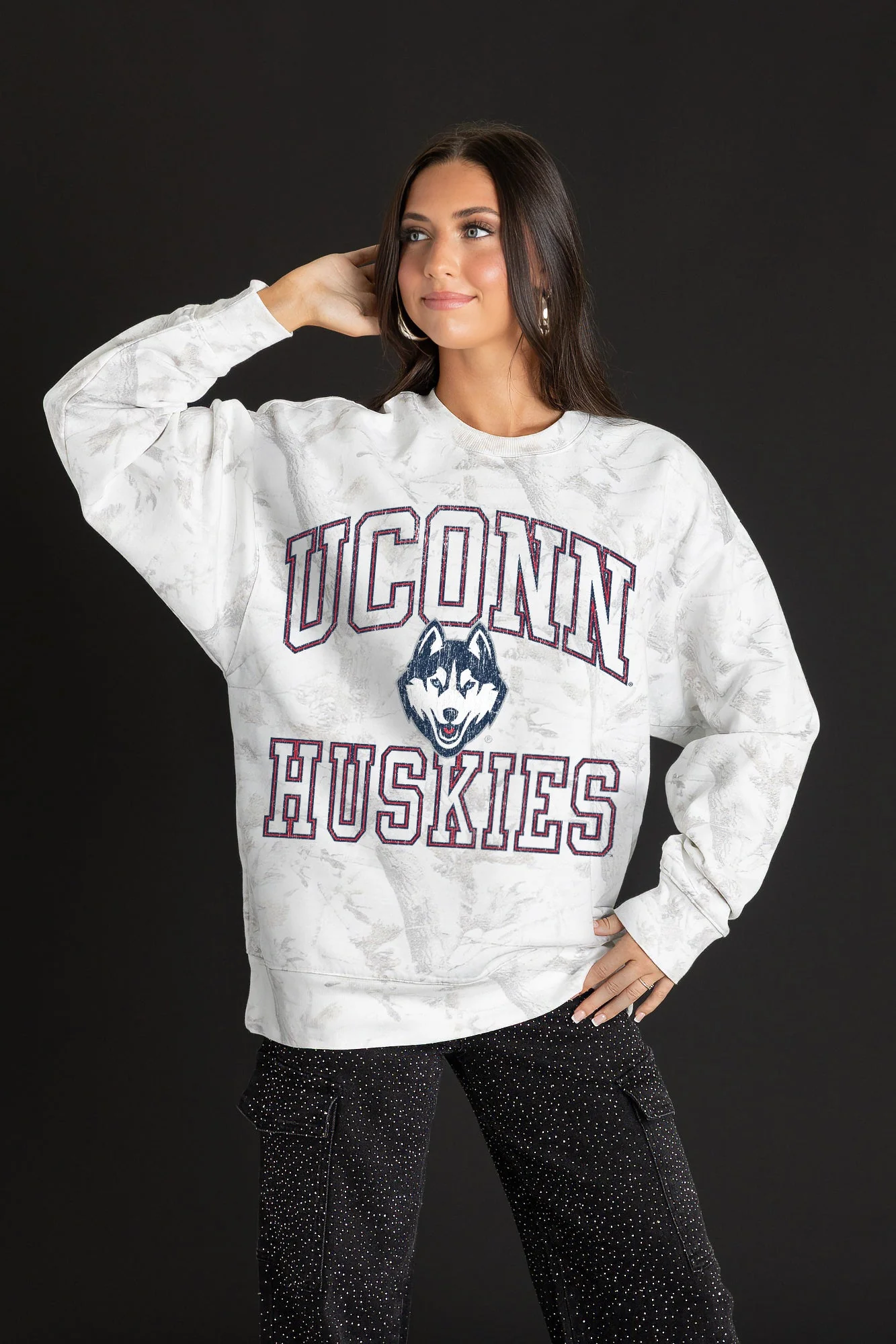 UCONN HUSKIES WHITEOUT PREMIUM DROP SHOULDER CAMO PULLOVER