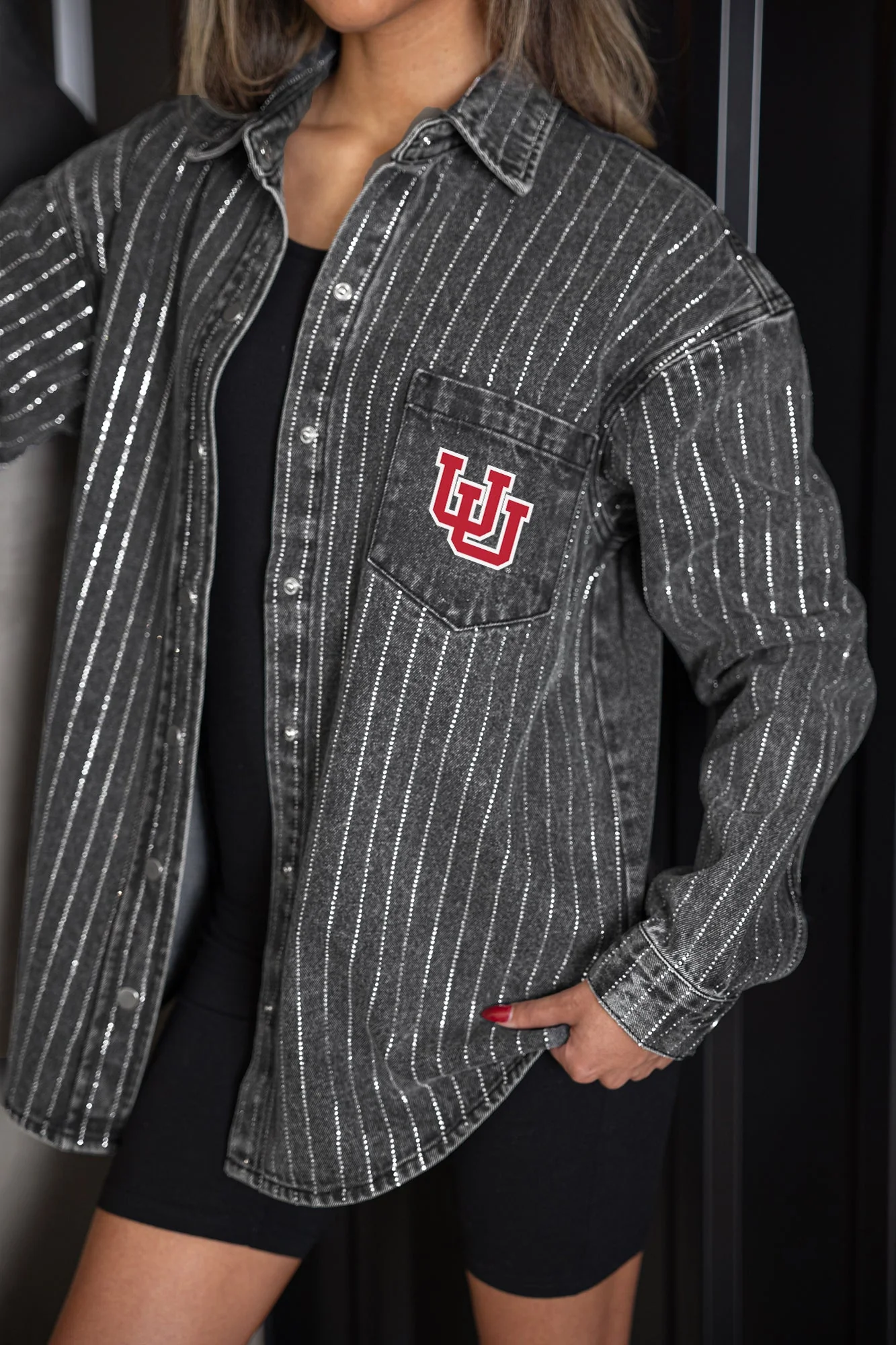 UTAH UTES STYLE'S THE LIMIT MICRO-RHINESTONE DENIM OVERSHIRT IN BLACK - Image 3