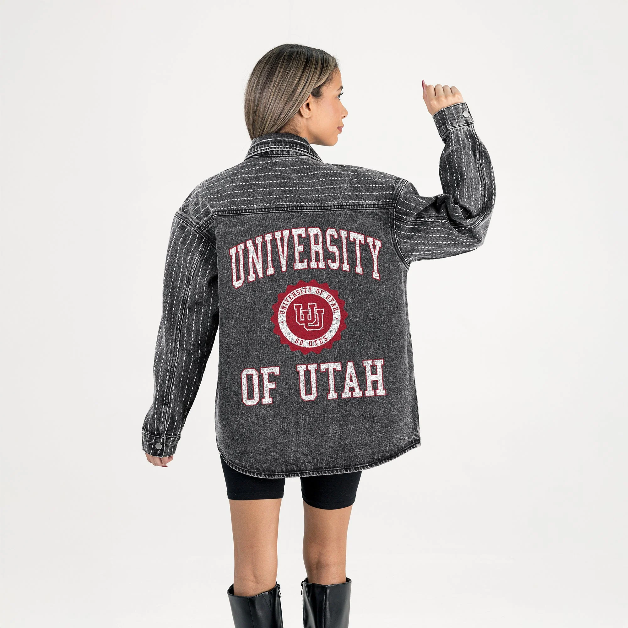 UTAH UTES STYLE'S THE LIMIT MICRO-RHINESTONE DENIM OVERSHIRT IN BLACK - Image 7