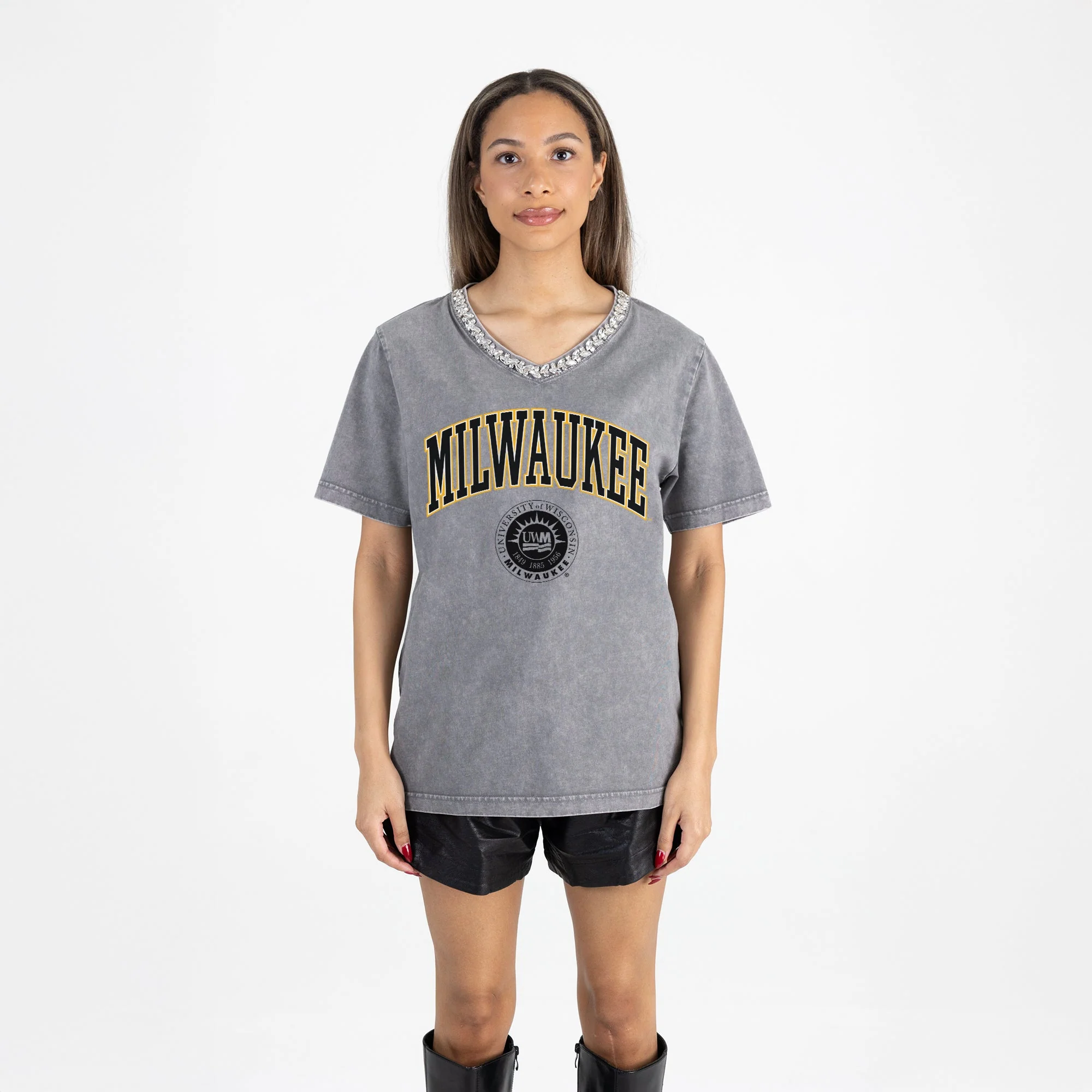 UW-MILWAUKEE PANTHERS ICONIC EDGE RHINESTONE TRIM V-NECK TEE - Image 5