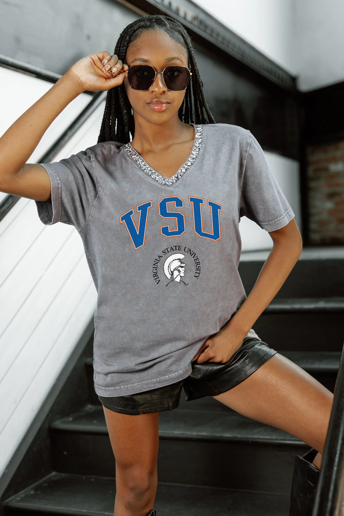 VIRGINIA STATE TROJANS ICONIC EDGE RHINESTONE TRIM V-NECK TEE